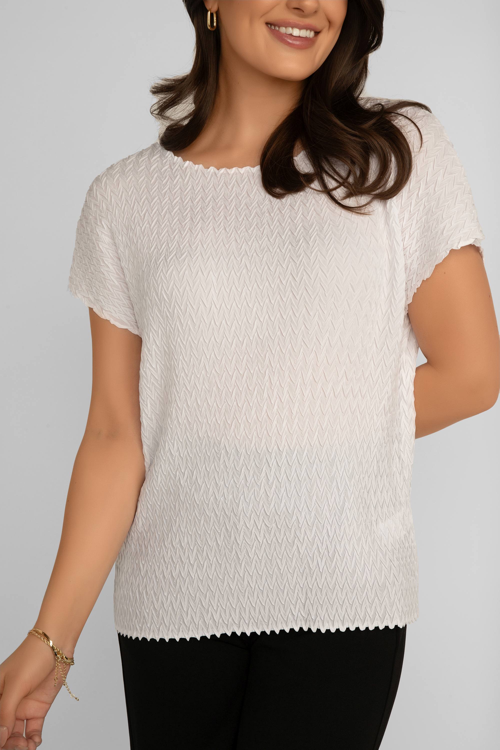 Close up front view of Picadilly (JM239) Women's Short Cap Sleeve Pleated Textured Top in White