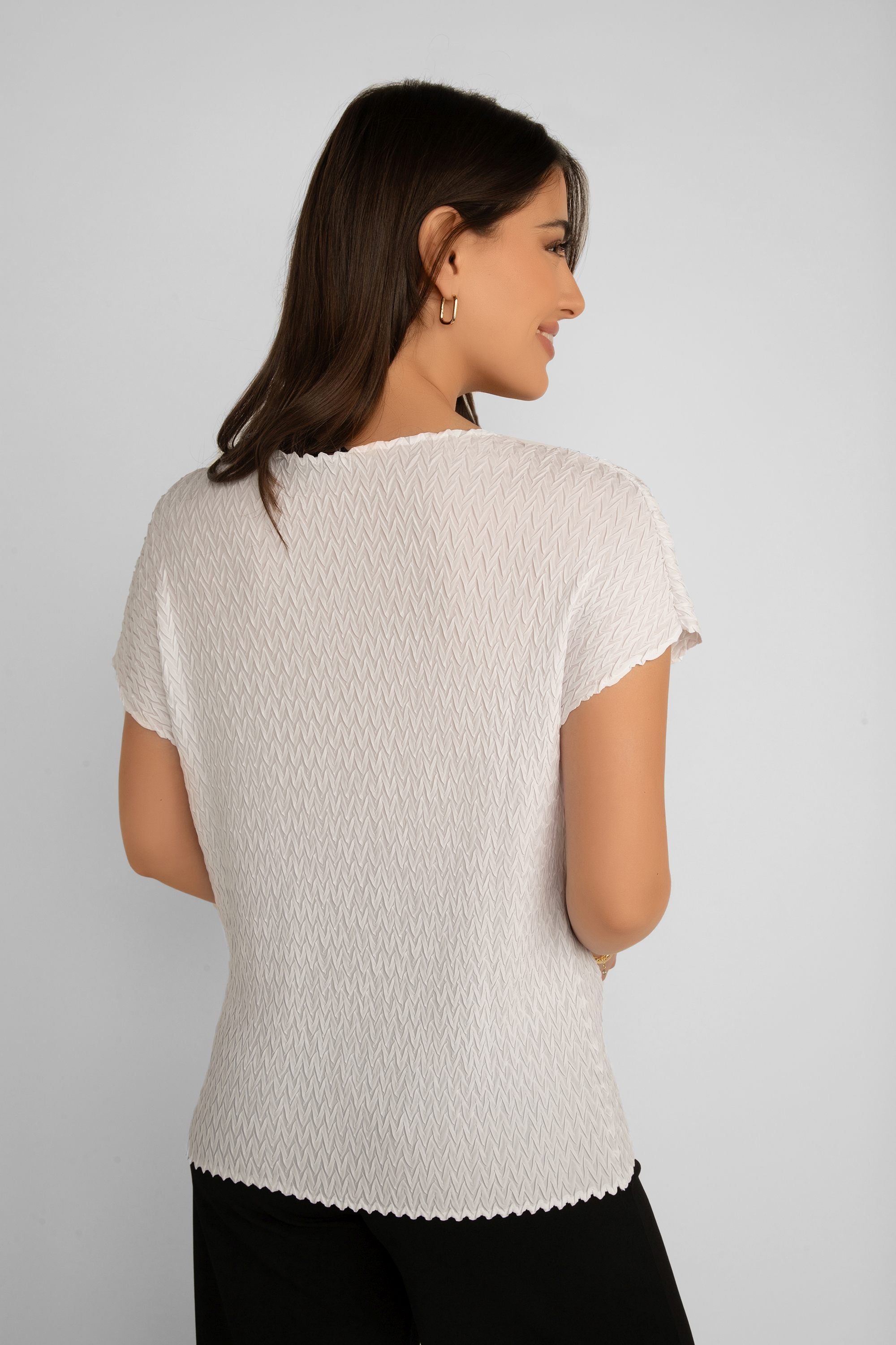 Back view of Picadilly (JM239) Women's Short Cap Sleeve Pleated Textured Top in White