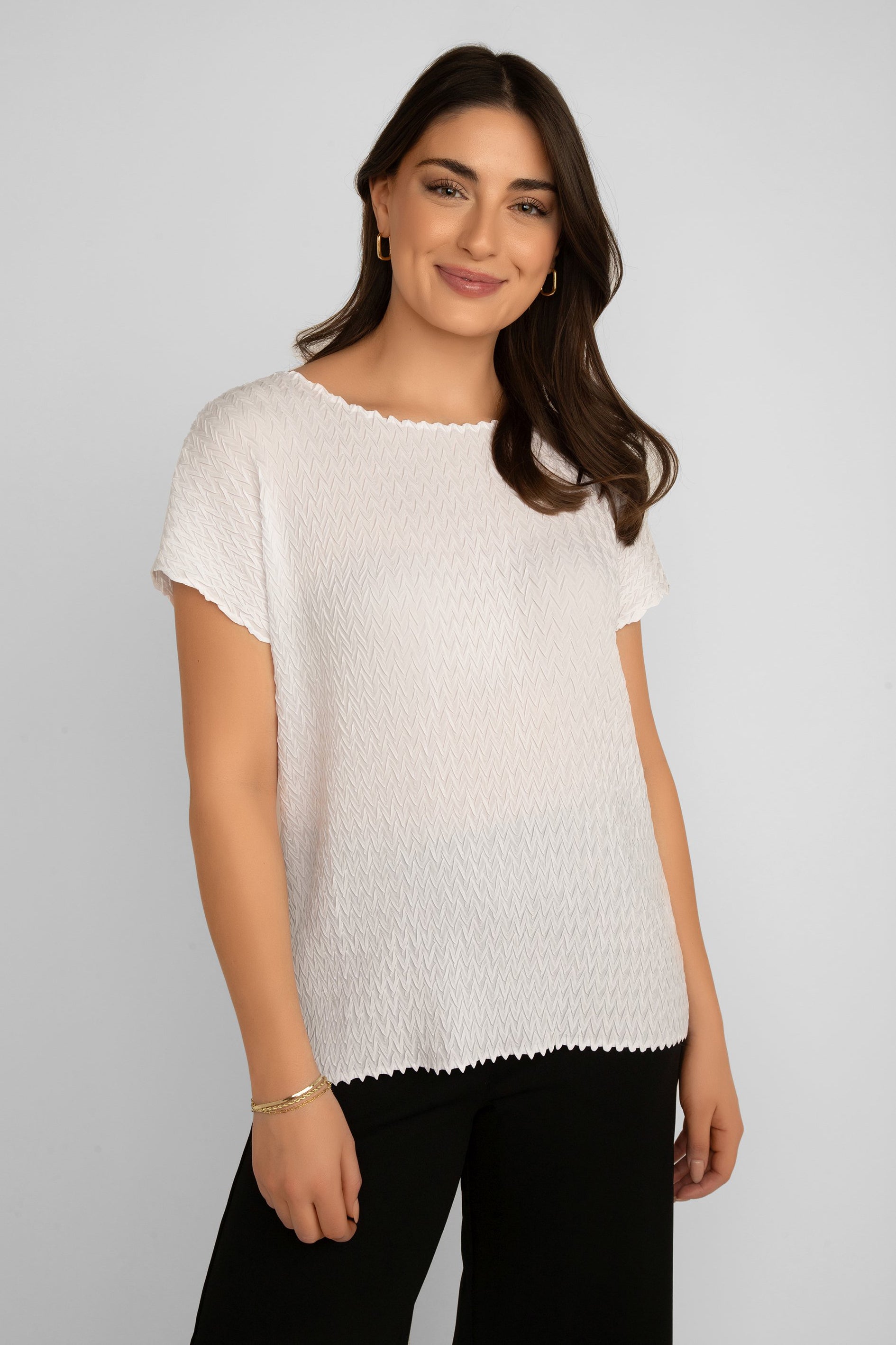 Front view of Picadilly (JM239) Women's Short Cap Sleeve Pleated Textured Top in White