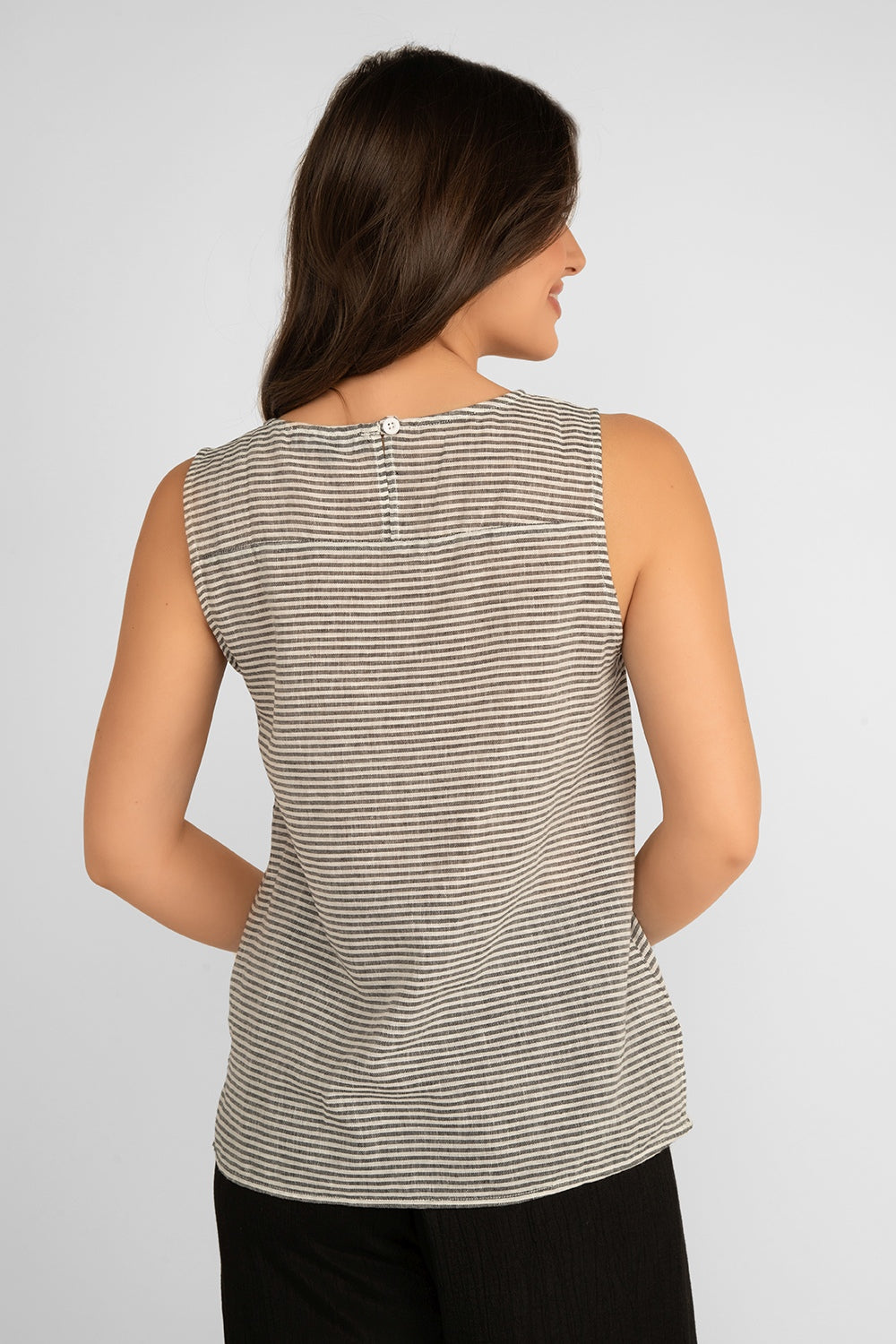 Back view of Picadilly (JM315KW) Women's Sleeveless Striped Cotton Linen Tank Top with Layered Hem in Grey & White Stripes 