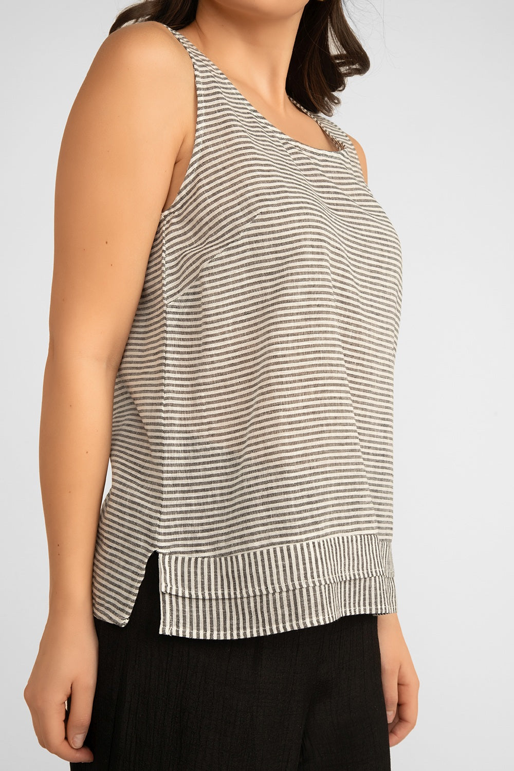 Side close up of Picadilly (JM315KW) Women's Sleeveless Striped Cotton Linen Tank Top with Layered Hem in Grey & White Stripes 