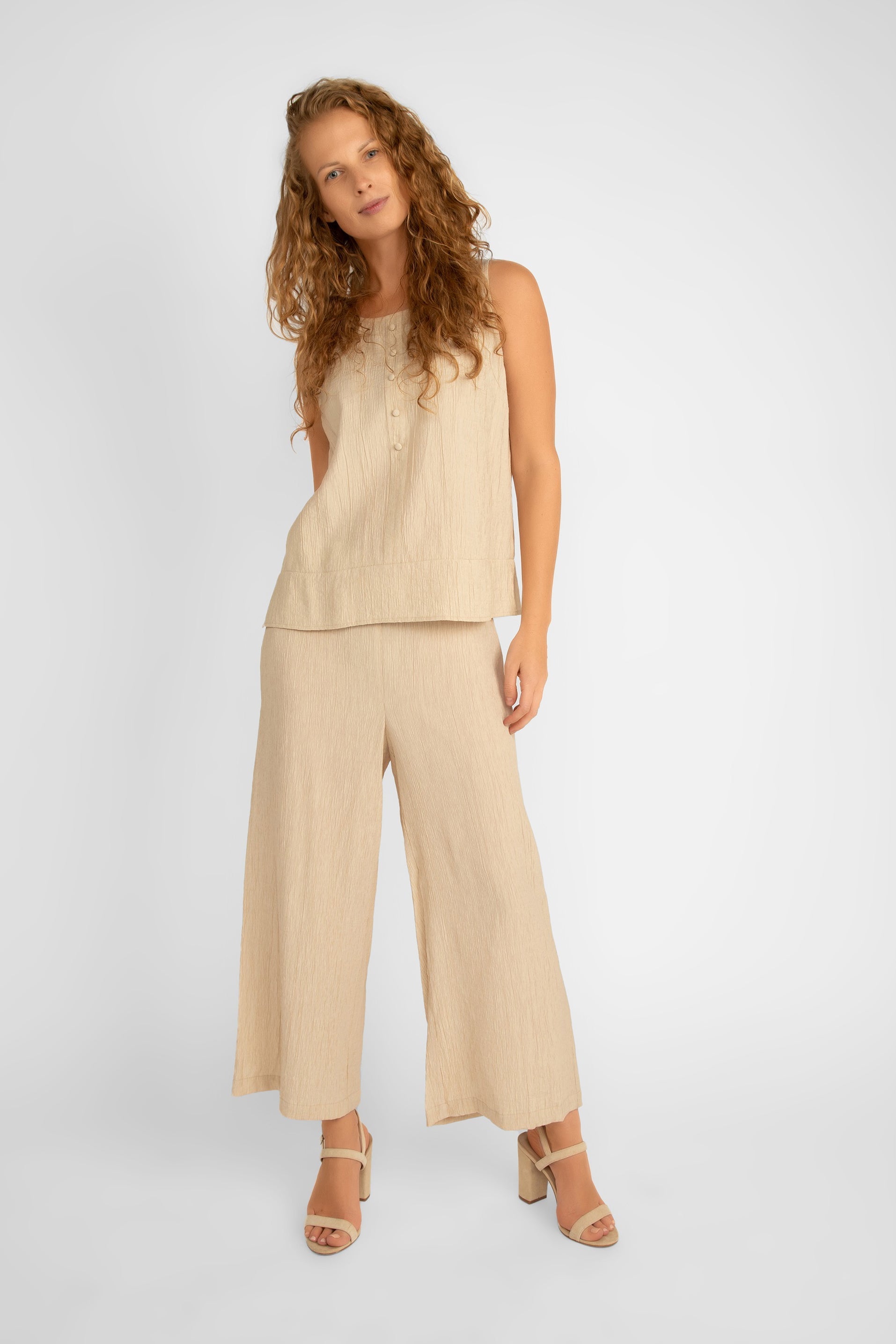 Front view Picadilly (JM034) Women's High Rise Wide Leg Textured Viscose Pants in Milk tea Beige