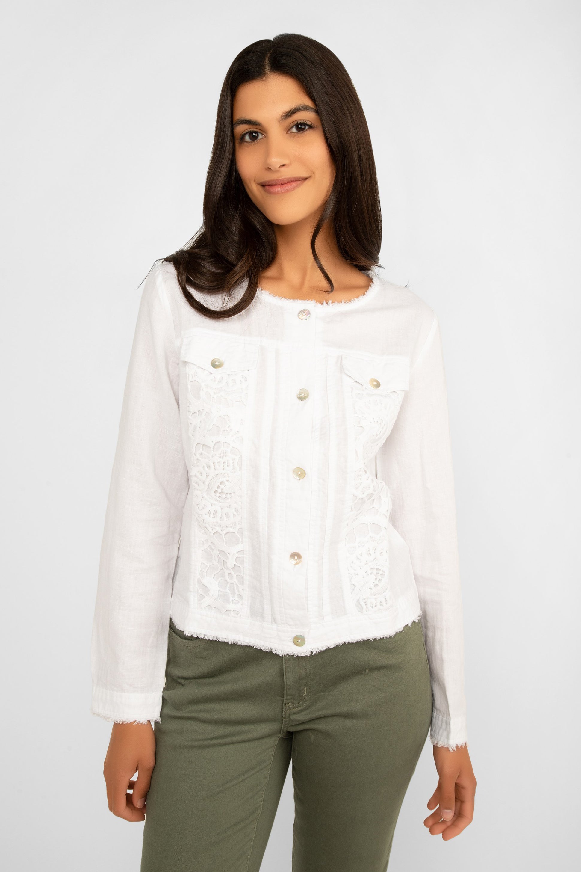 Picadilly (JM535) Women's Long Sleeve Lace Trim Button-Front Jacket with Frayed Hems in White Linen/Cotton blend