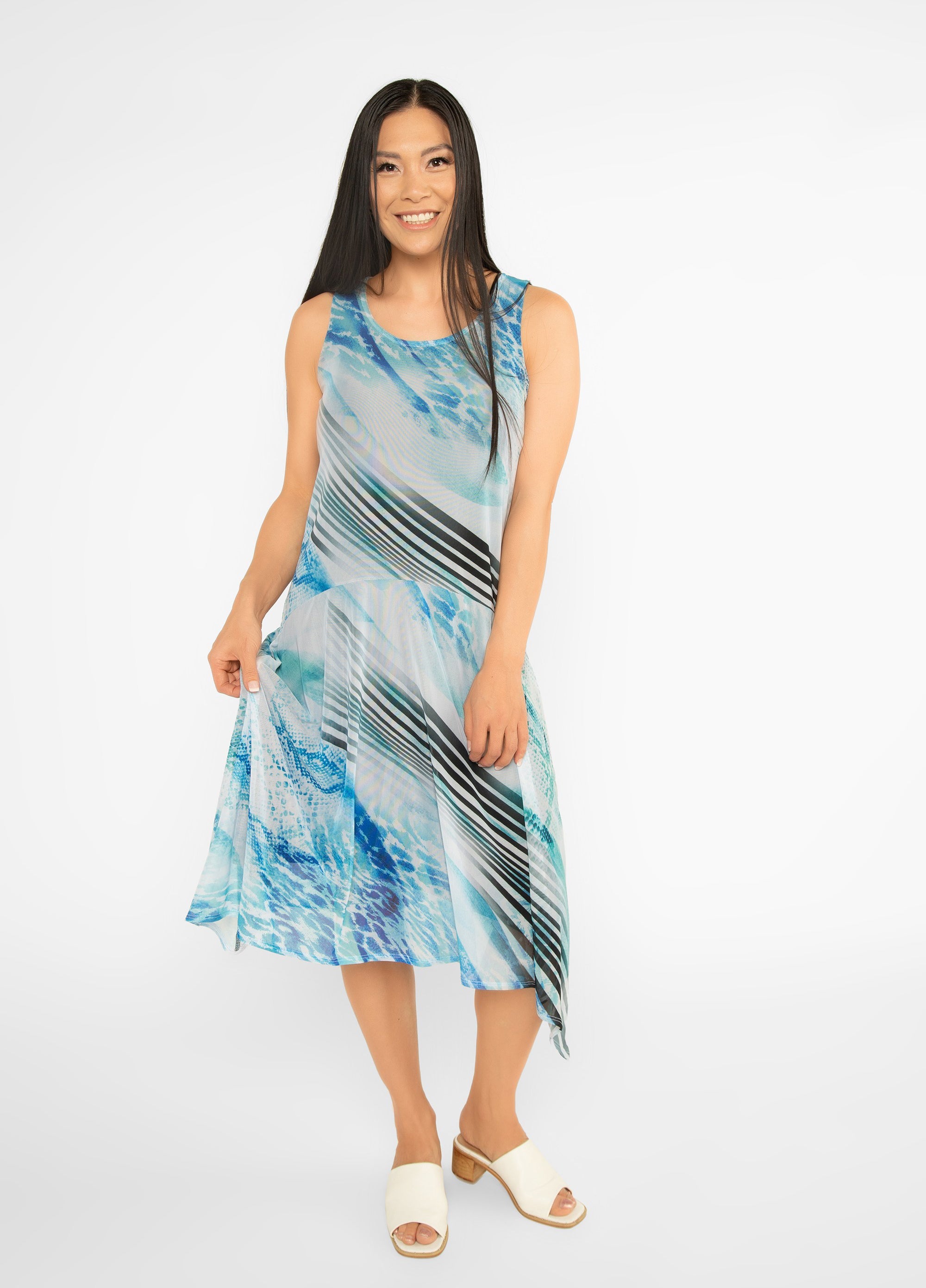 Picadilly (JN654KY) Women's Sleeveless Rivera Print Mesh Midi Dress in Blue and White