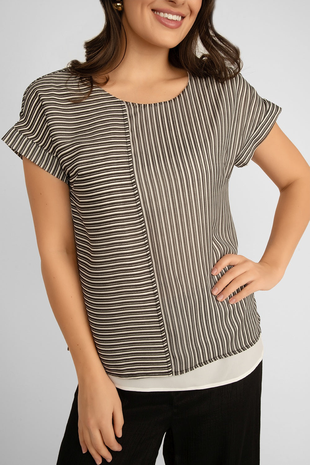 Close up front view of Picadilly (JS105FN) Women's Short Dolman Sleeve Striped Georgette Layered Blouse in a Black & White Patchwork Striped Print and white under layer