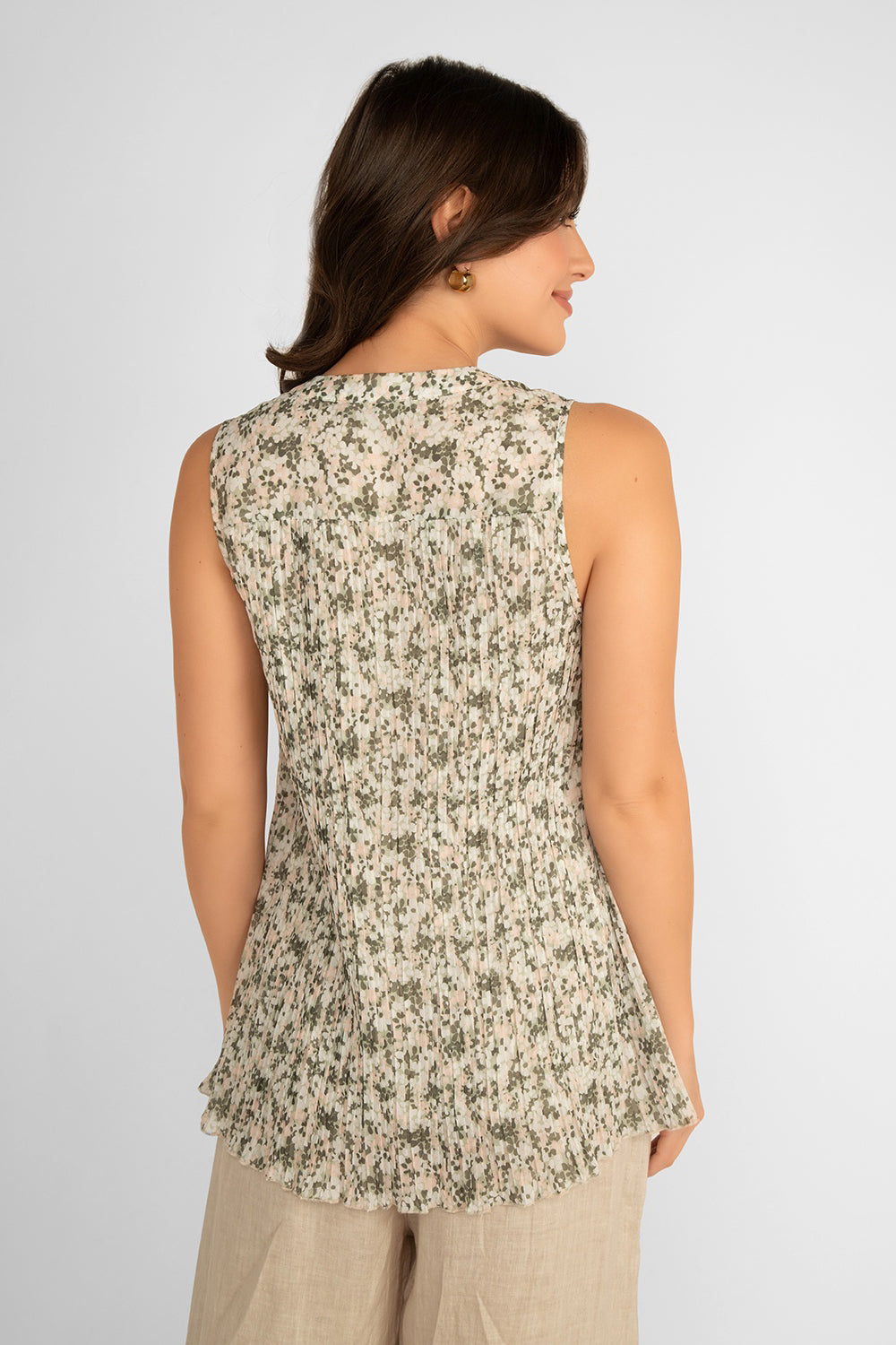 Back view of Picadilly (JS305DS) Women's Sleeveless Pleated Chiffon Blouse in artichoke green floral print