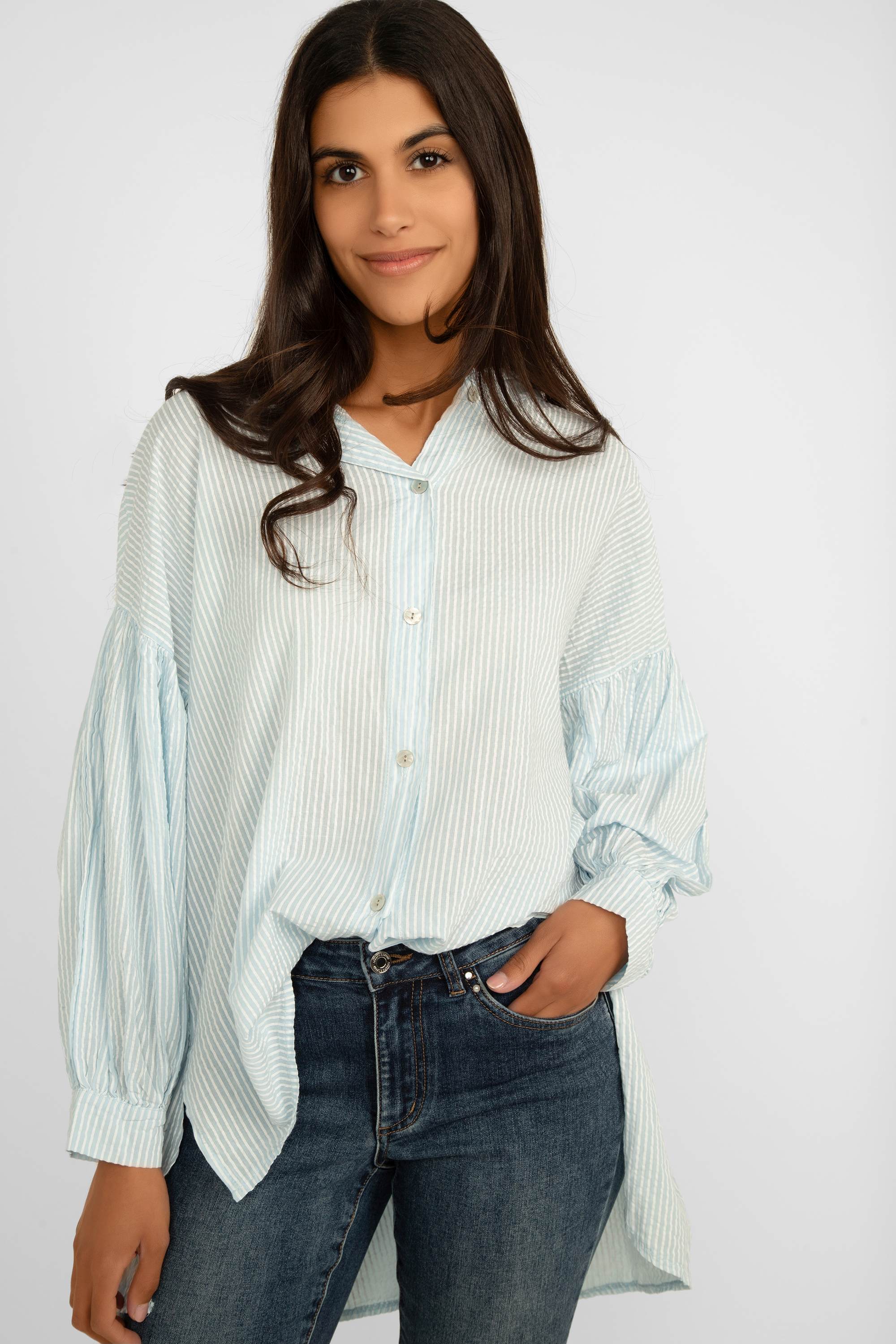 Elissia (JY3160) Women's Long Puff Sleeve Striped Button Up Collared Shirt in baby blue & white stripes