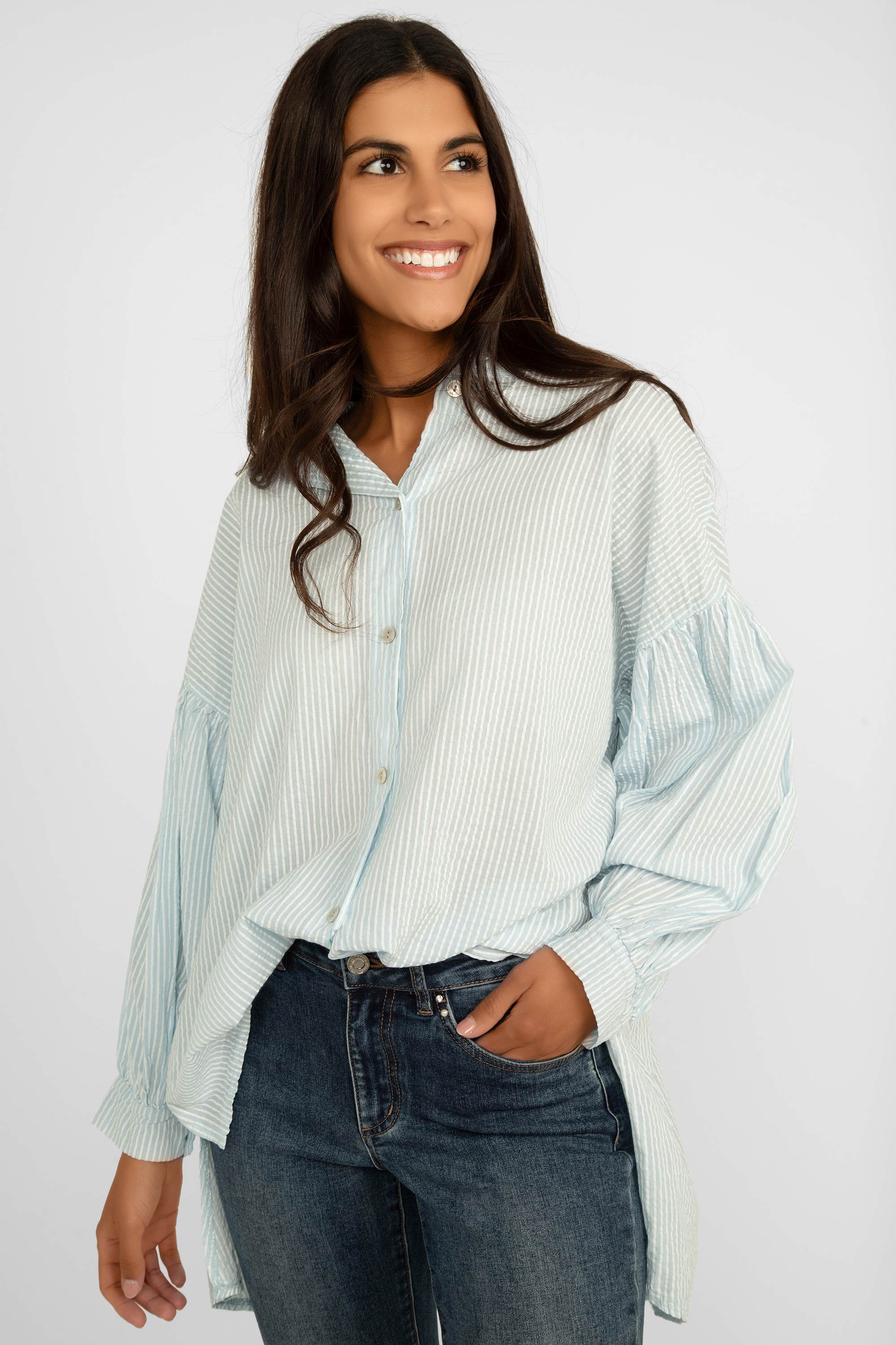 Elissia (JY3160) Women's Long Puff Sleeve Striped Button Up Collared Shirt in baby blue & white stripes