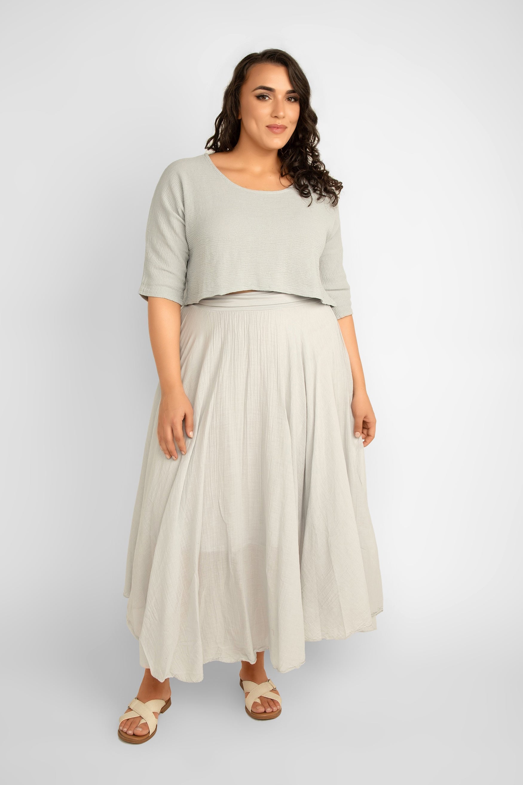 Me & Gee (L-6759) Flowy Cotton Maxi Skirt in Dove Grey
