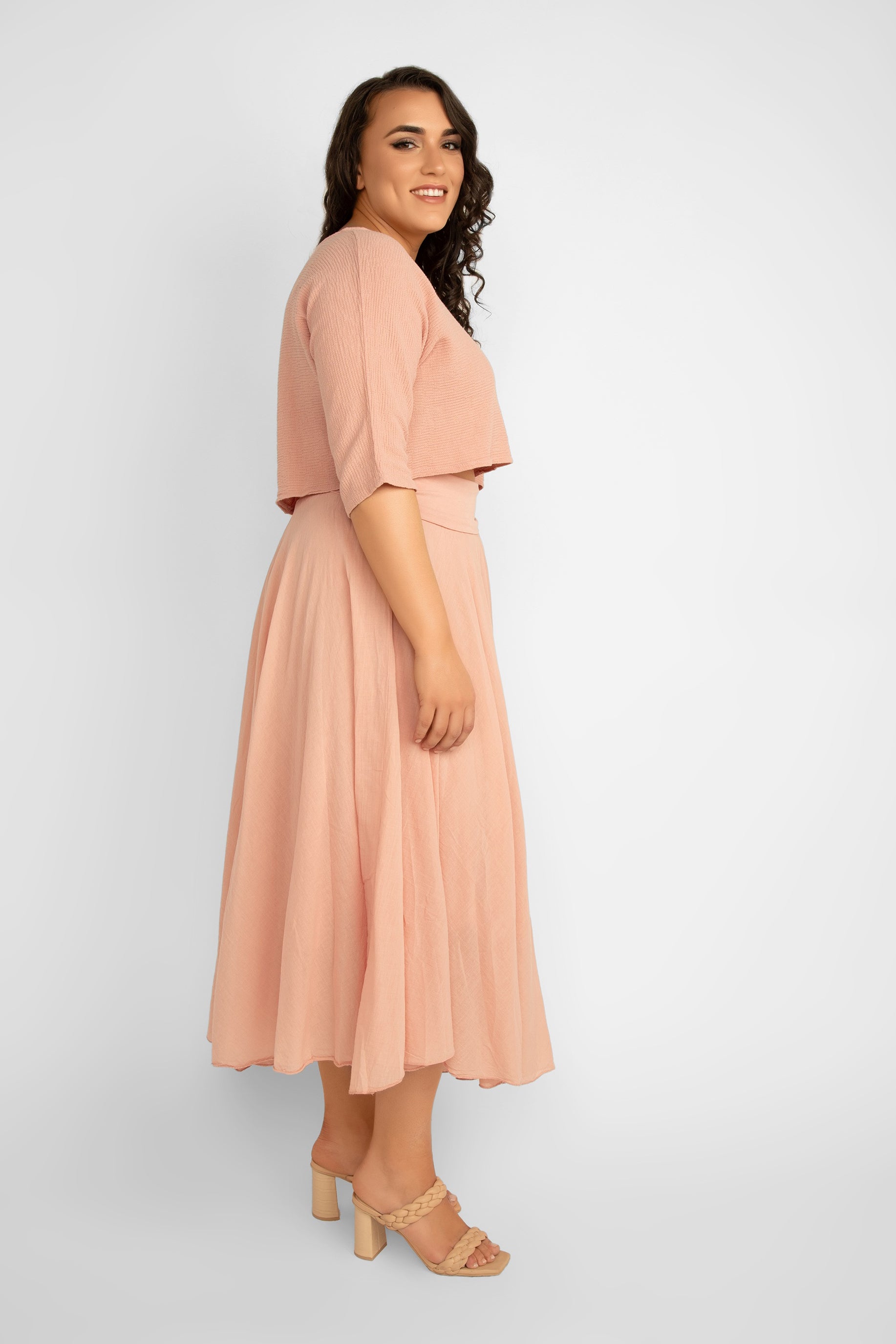 Side view of Me & Gee (L-6759) Flowy Cotton Maxi Skirt in Rose Pink