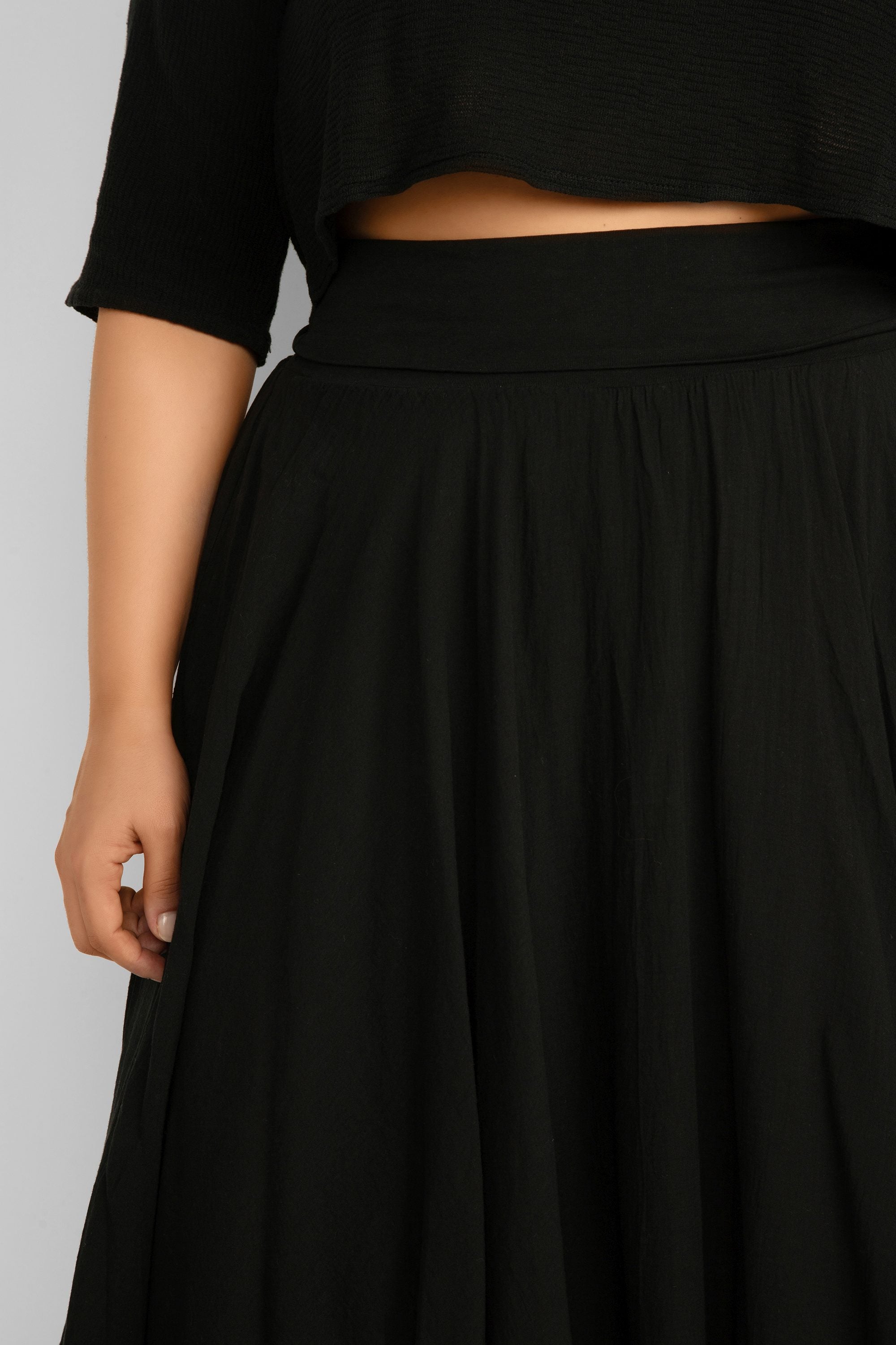 Close up of knit waist on Me & Gee (L-6759) Flowy Cotton Maxi Skirt in Black