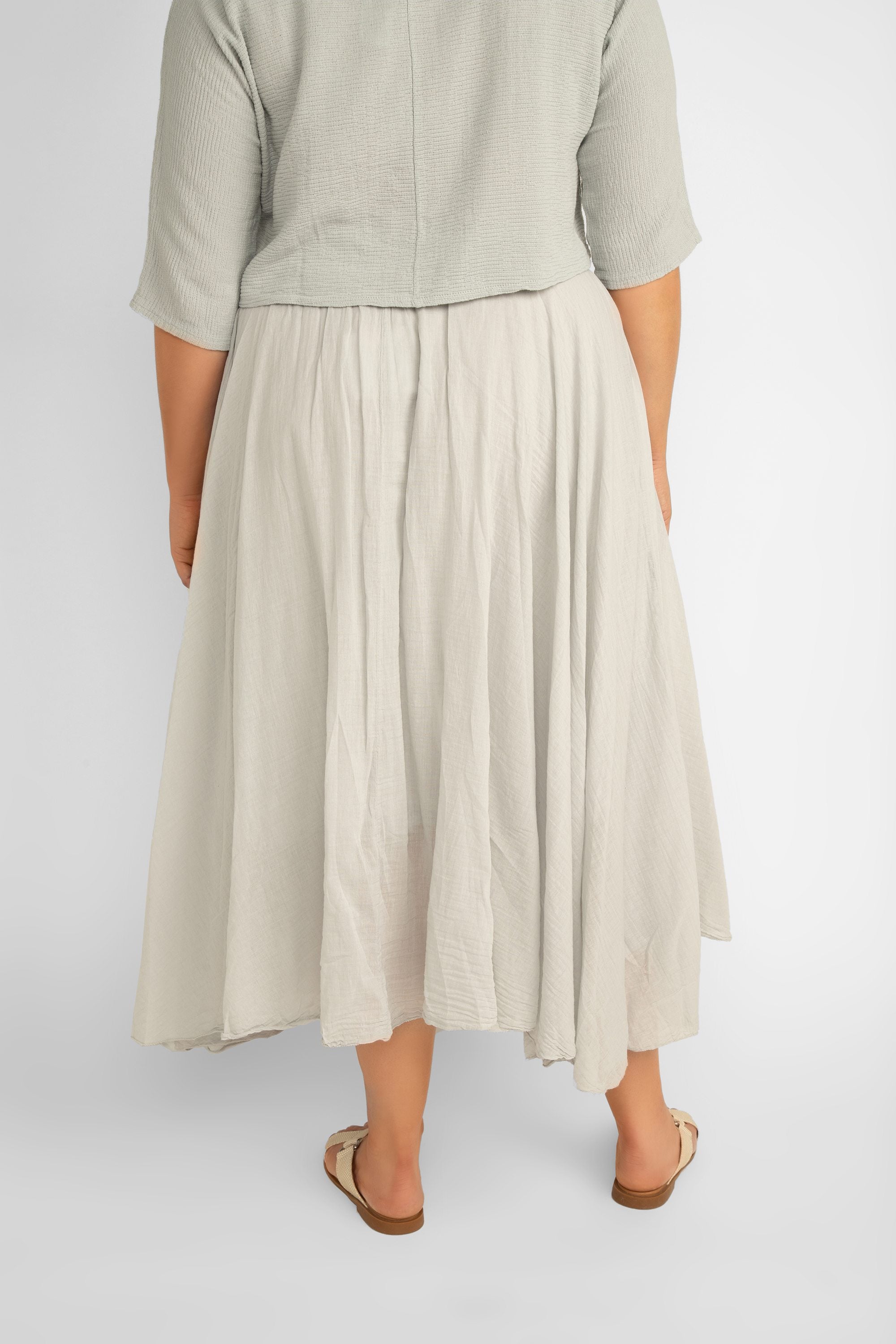 Back view of Me & Gee (L-6759) Flowy Cotton Maxi Skirt in Dove Grey