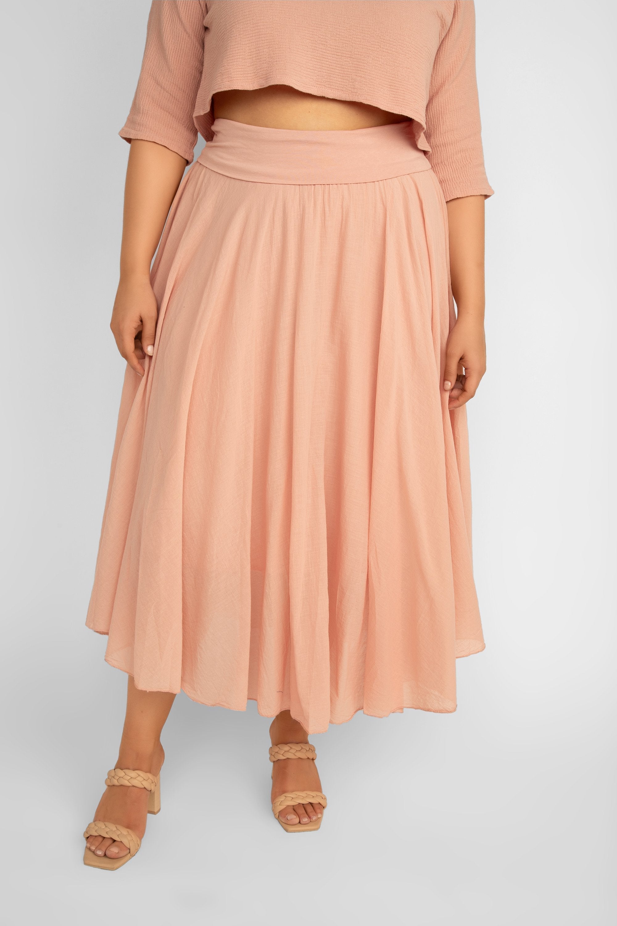 Front view of Me & Gee (L-6759) Flowy Cotton Maxi Skirt in Rose Pink
