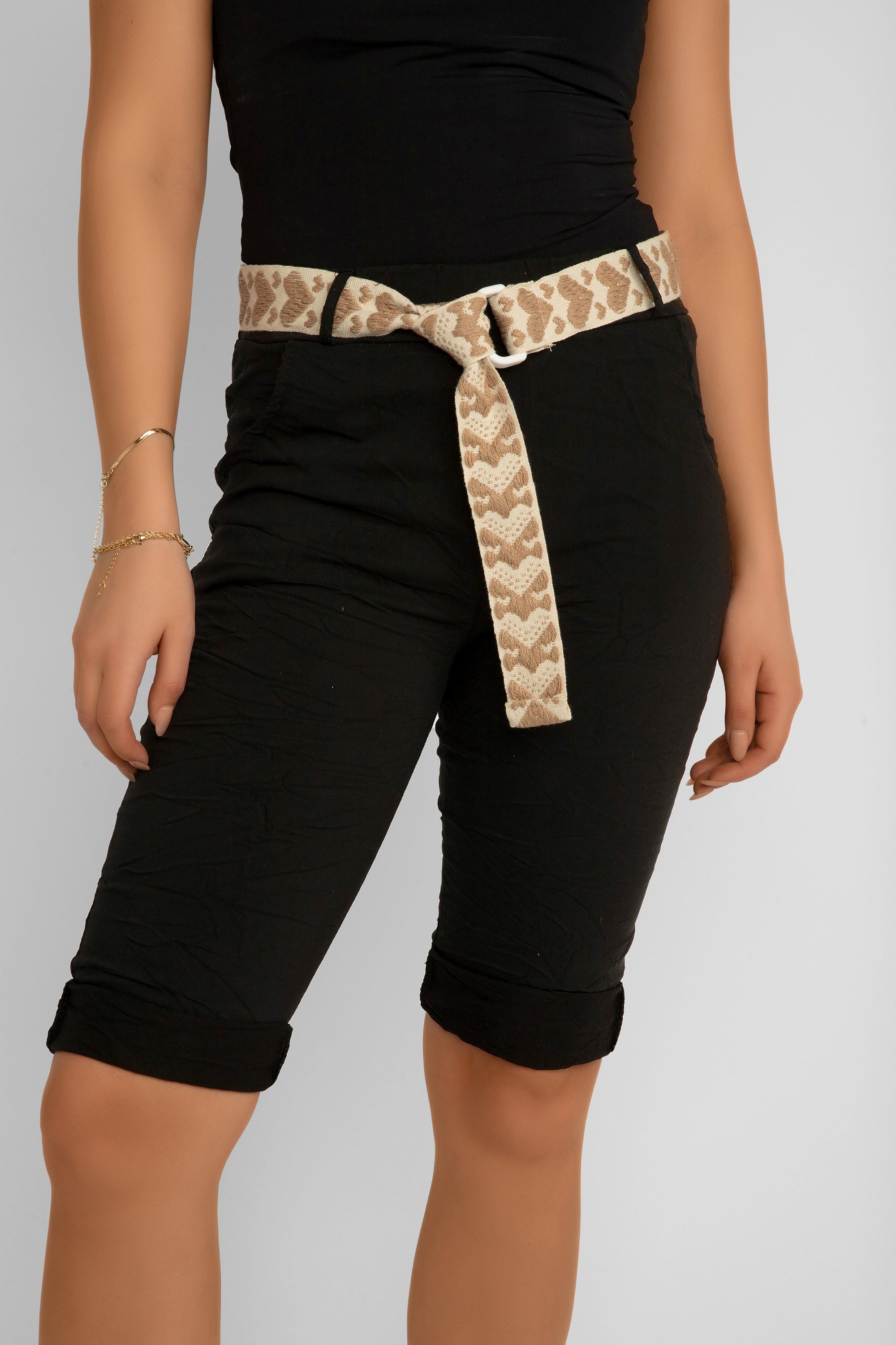 Front view of Elissia (L21139) Women's Crinkle Fabric Bermuda Shorts With Heart Belt and Rolled Hem in Black