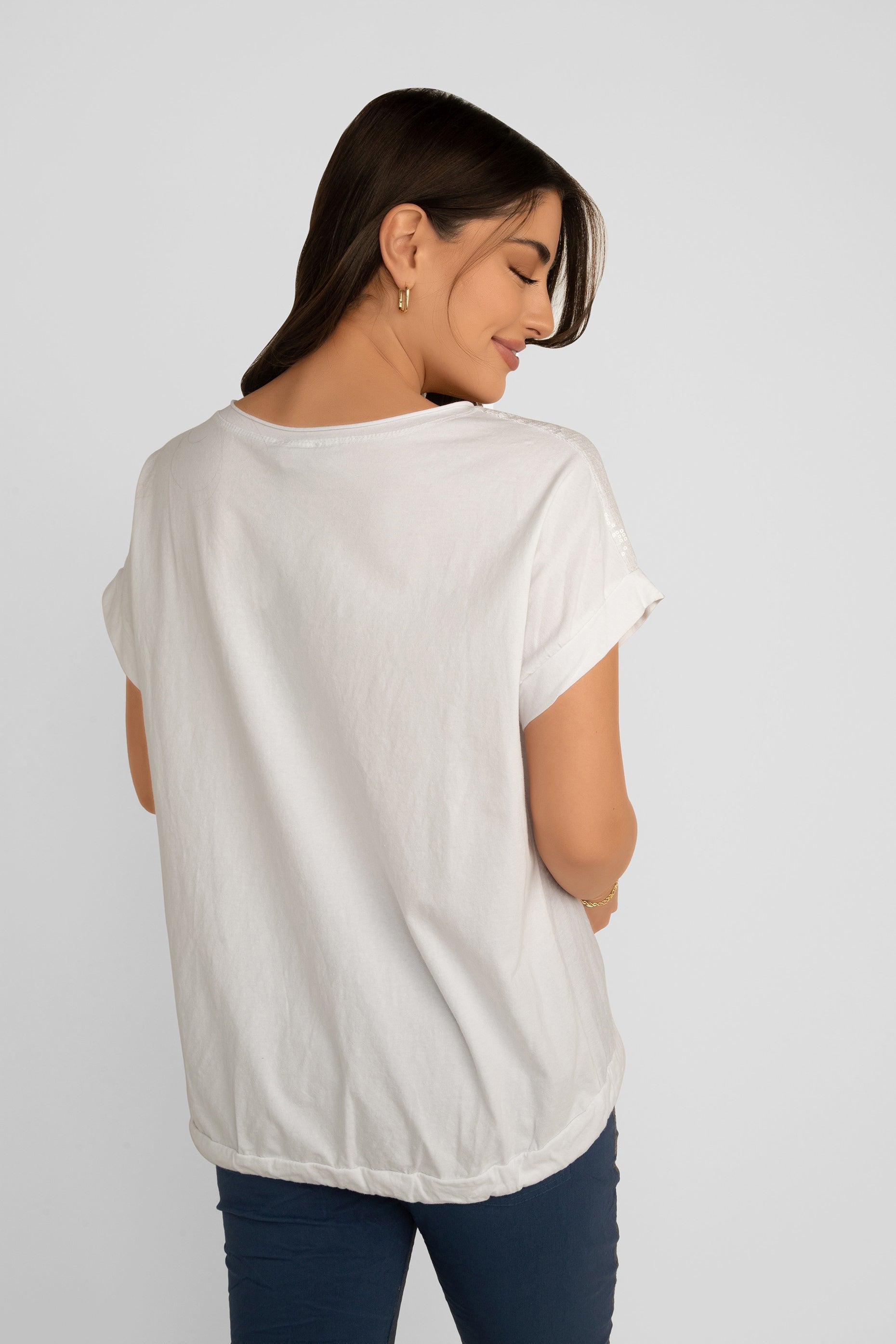 Back view of Elissia (LX34137A) Women's Dragonfly T-Shirt with Sequin Shoulders and Drawstring Hem in White