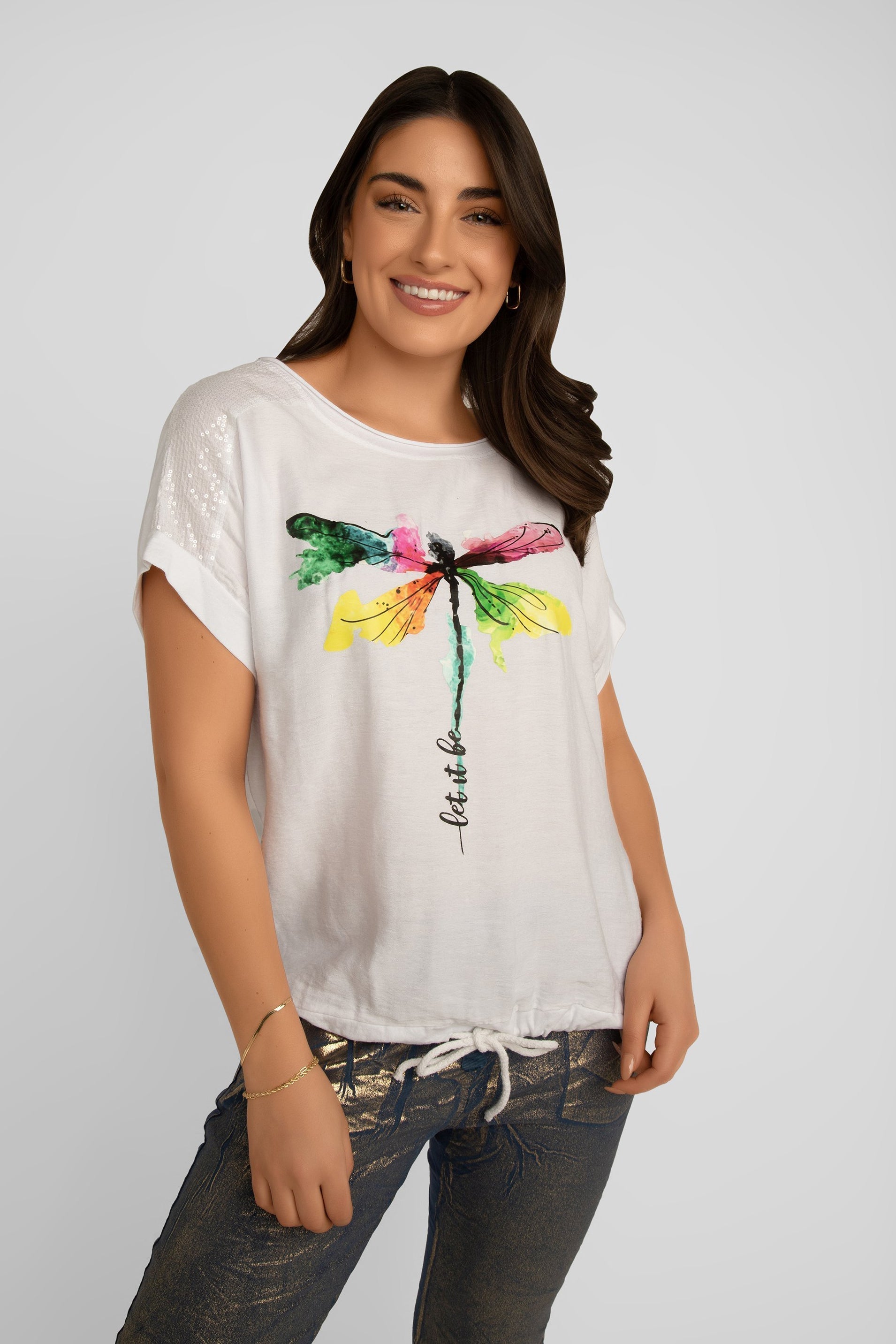 Front view of Elissia (LX34137A) Women's Dragonfly T-Shirt with Sequin Shoulders and Drawstring Hem in White