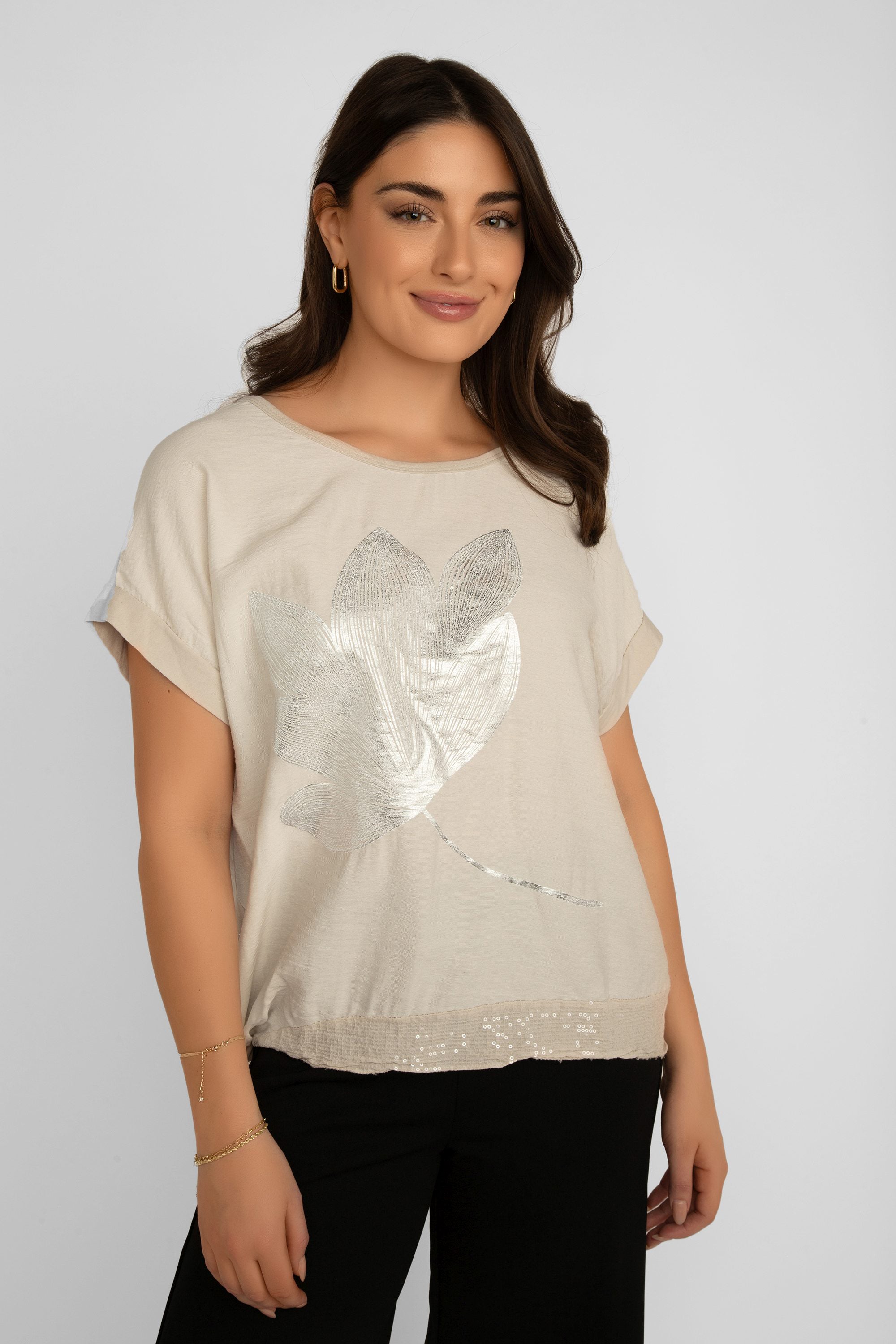 Front view of Elissia (LX35816) Women's Short Sleeve Cotton Blend Top with Foil Flower and Sequin Trim in Beige