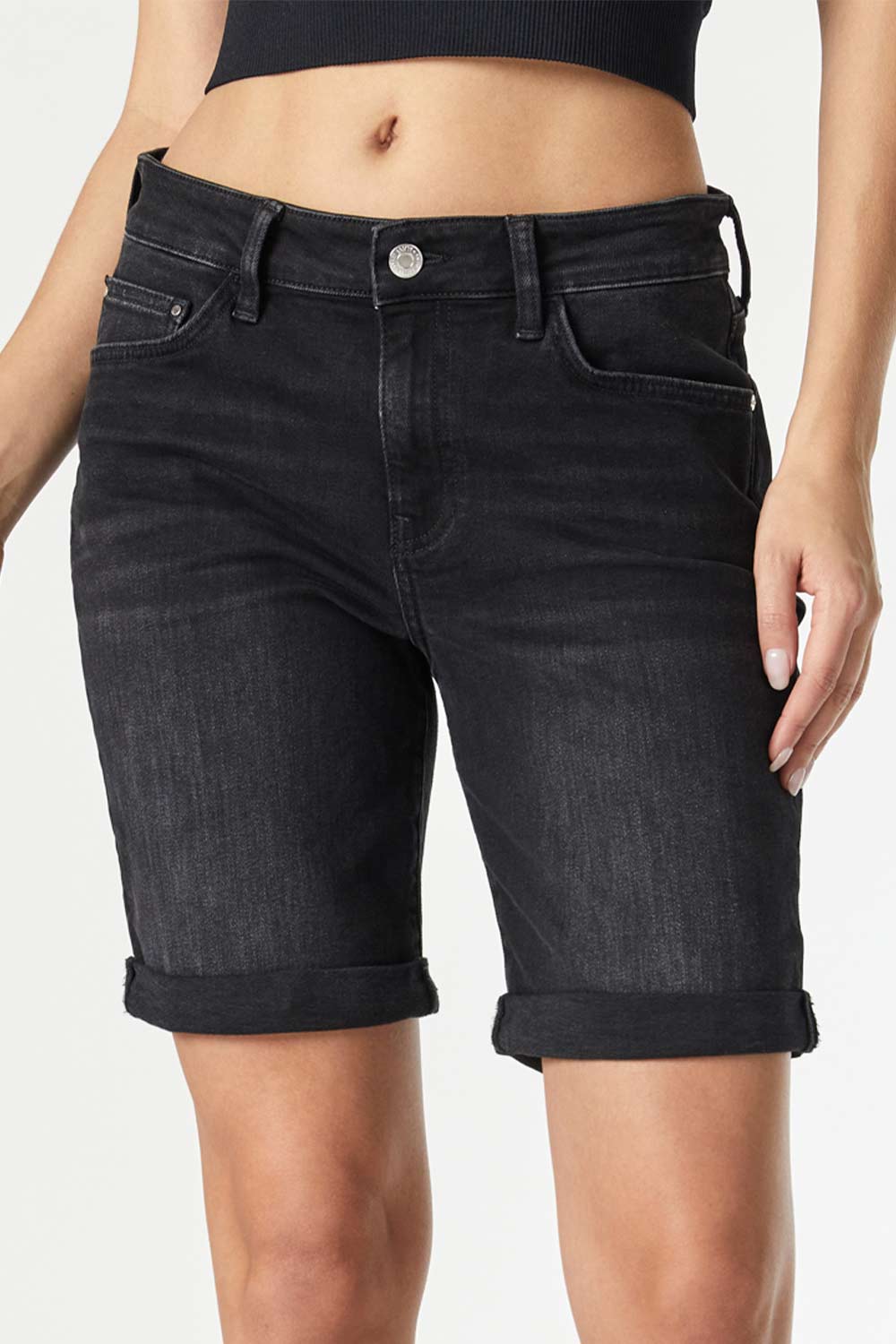 close up front view of Mavi Jeans (M1441580904) Women's Alexi Bermuda Shorts in Smoke Vintage Black wash