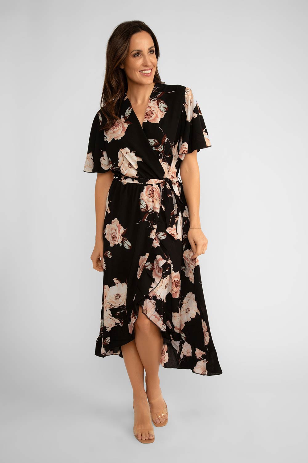 En/KAY (N1223) Women's Short Sleeve Black With Pink Floral Belted  Maxi Dress