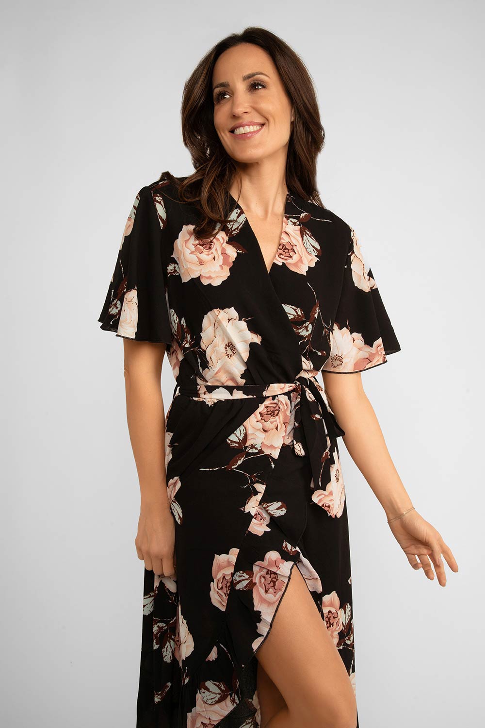 En/KAY (N1223) Women's Short Sleeve Black With Pink Floral Belted  Maxi Dress