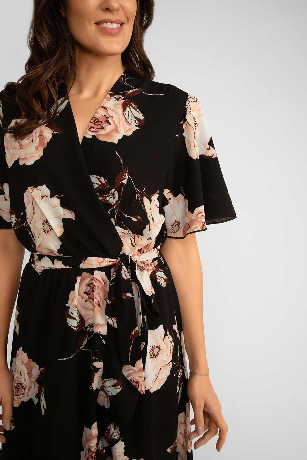 En/KAY (N1223) Women's Short Sleeve Black With Pink Floral Belted  Maxi Dress