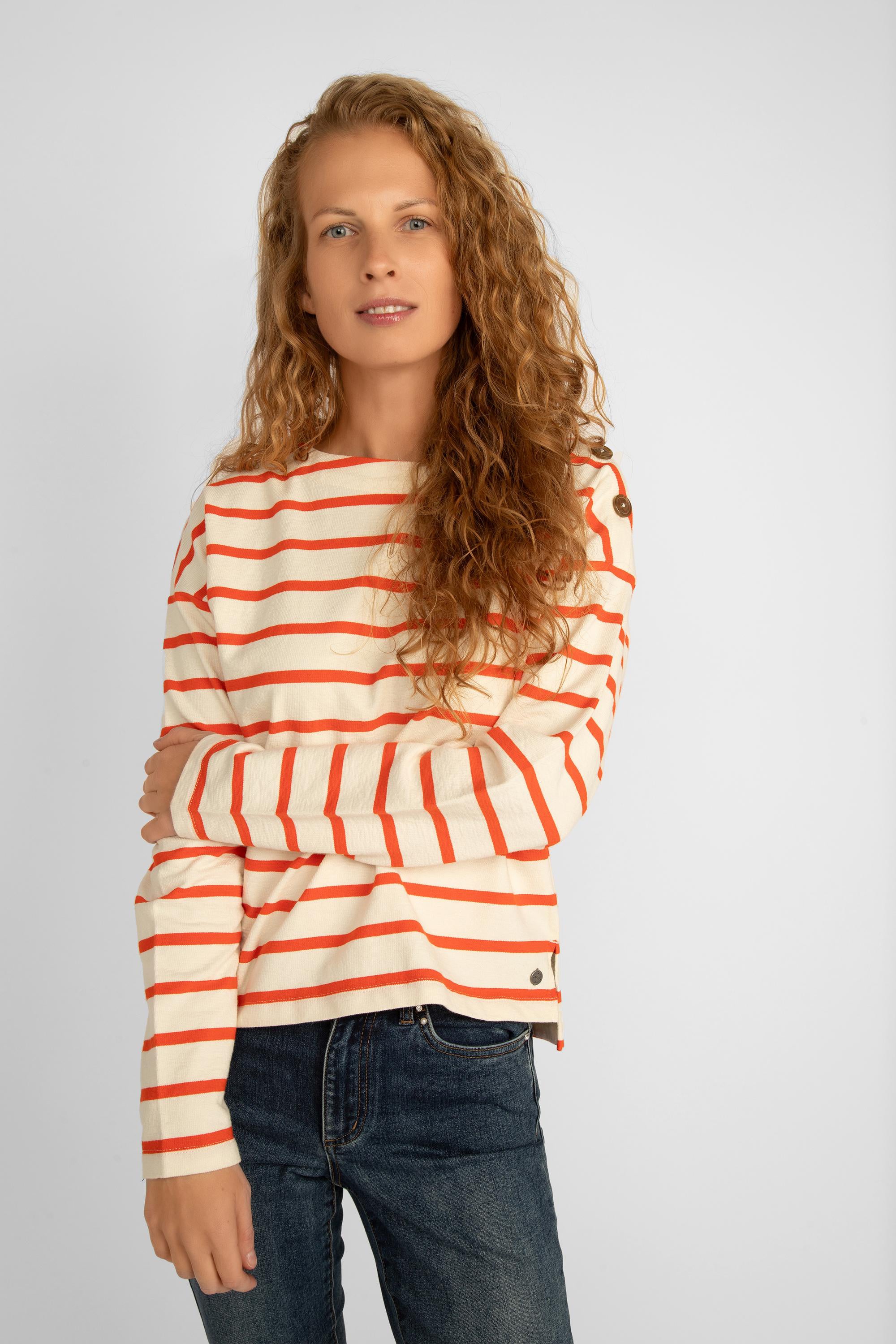 Front view of  Garcia (N40260) Women's Recycled Cotton Boatneck Long Sleeve Top in cream with orange stripes