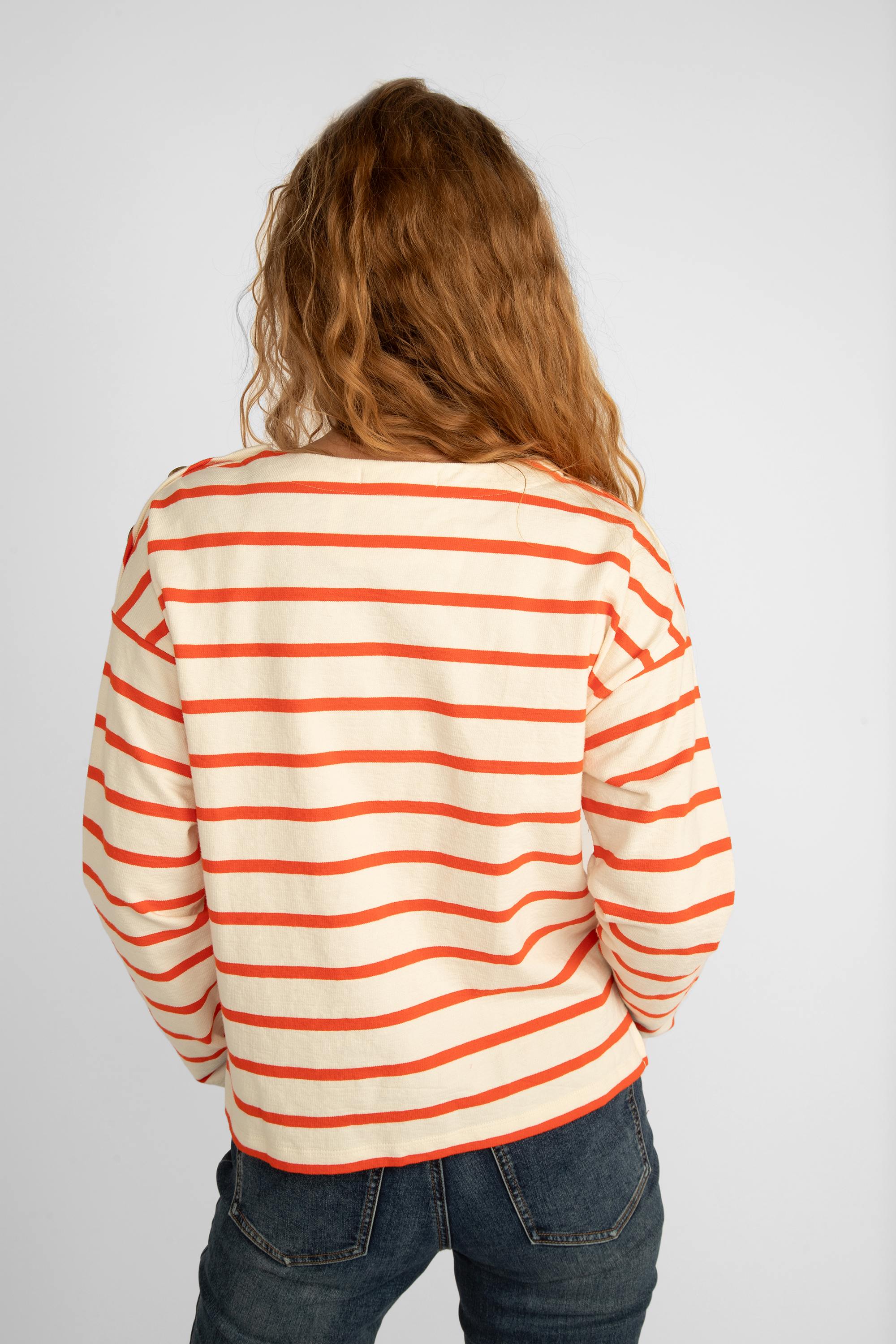 Back view of  Garcia (N40260) Women's Recycled Cotton Boatneck Long Sleeve Top in cream with orange stripes