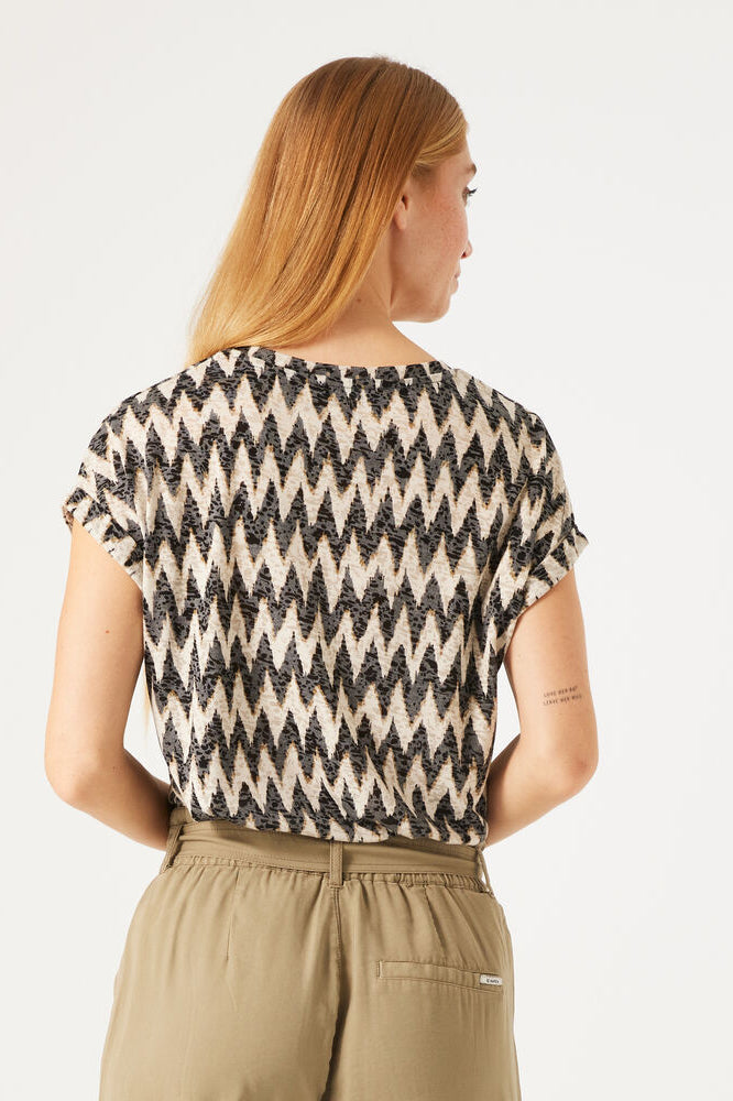 Back view of Garcia (O40003) Women's Short Cap Sleeve Zigzag Burnout T-Shirt with V-neck in Black & Cream zig zag striped