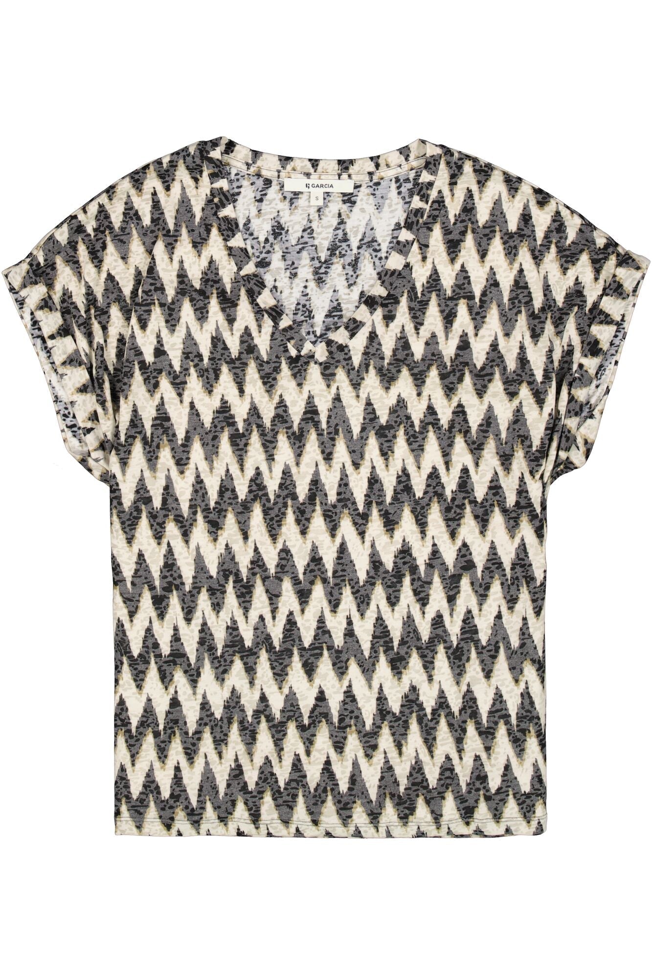 Garcia (O40003) Women's Short Cap Sleeve Zigzag Burnout T-Shirt with V-neck in Black & Cream zig zag striped