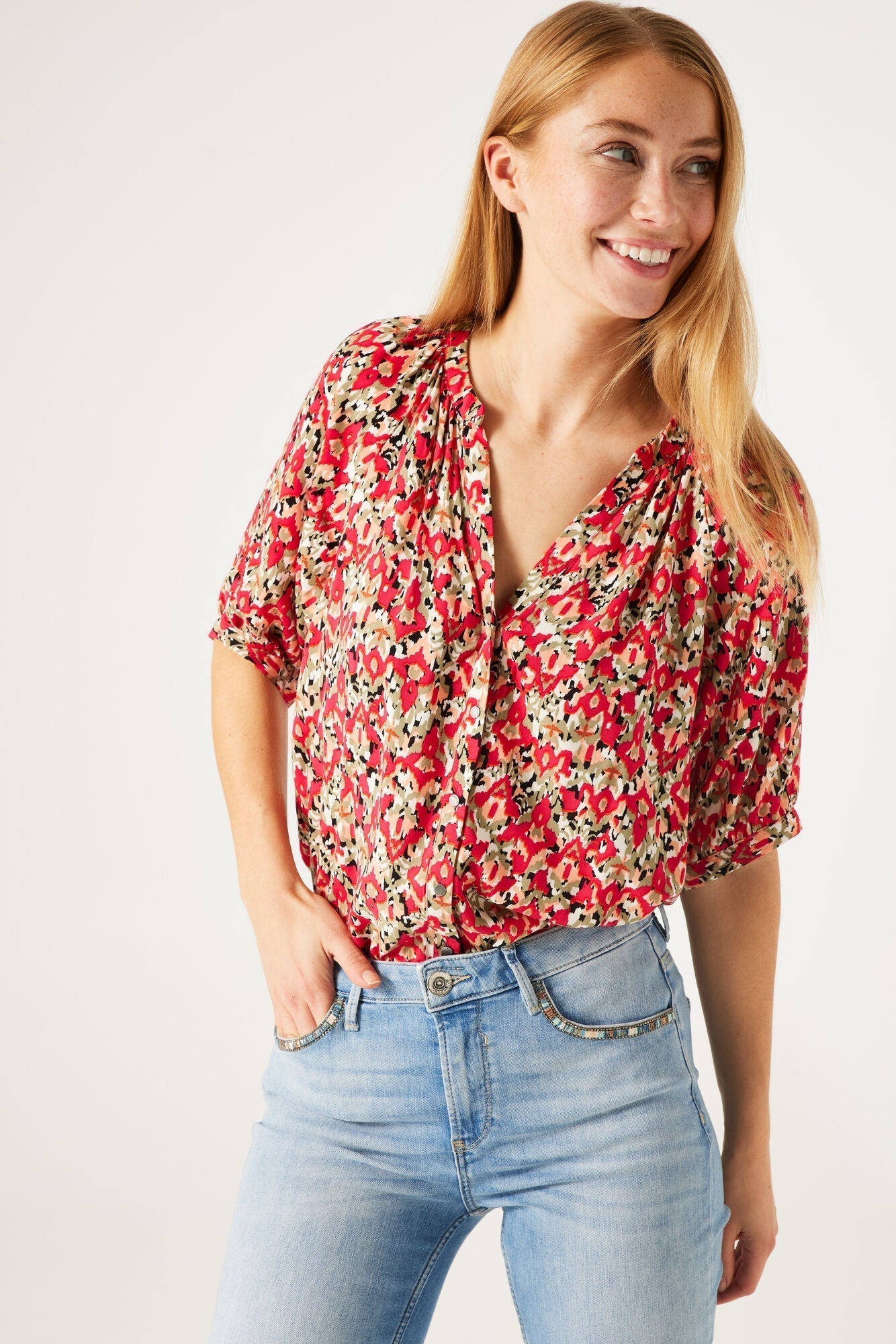 Front view of Garcia (O40037) Women's Short Sleeve Button Up Blouse in a Pink Abstract Floral Print