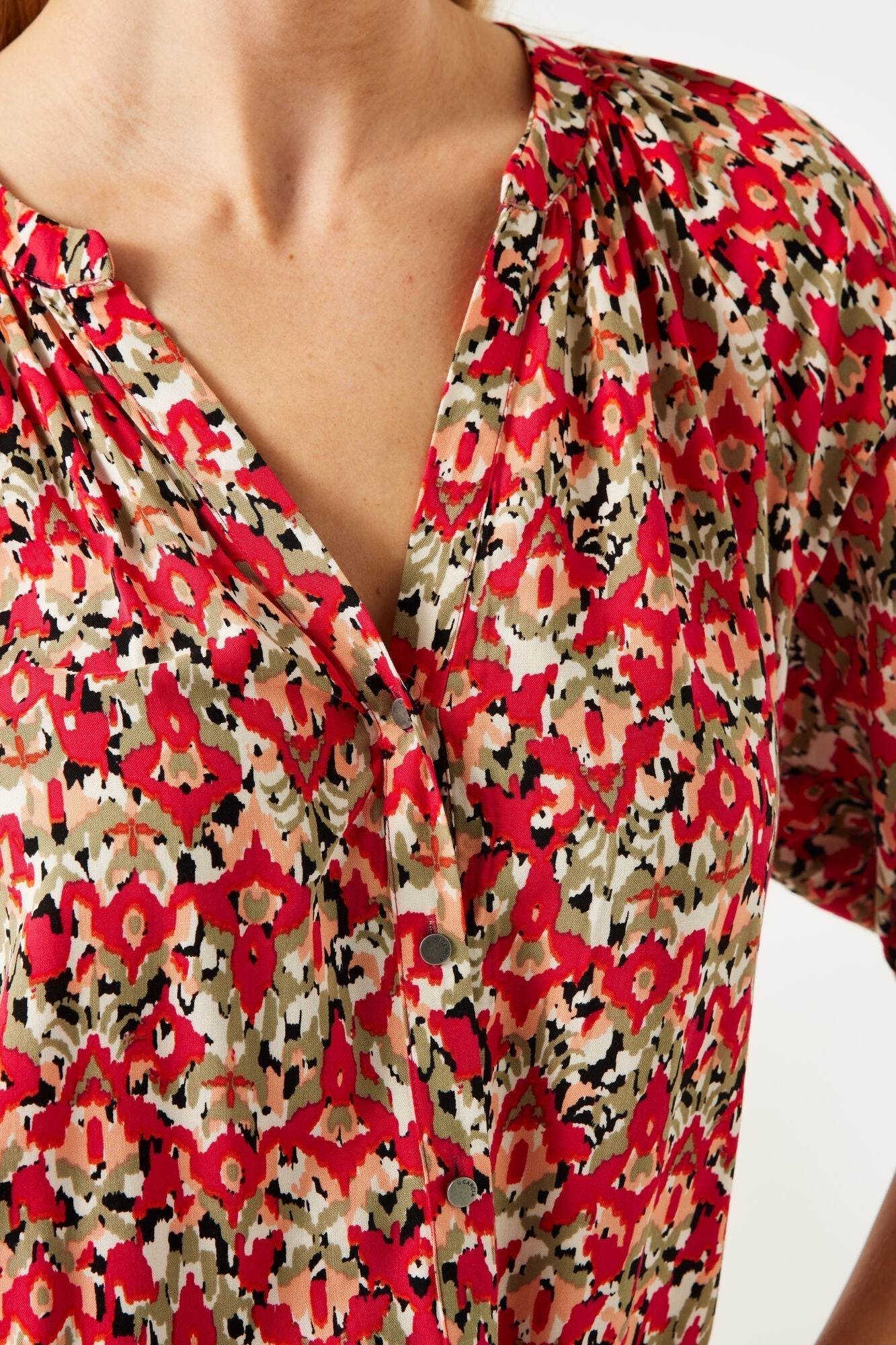 Close up of Garcia (O40037) Women's Short Sleeve Button Up Blouse in a Pink Abstract Floral Print