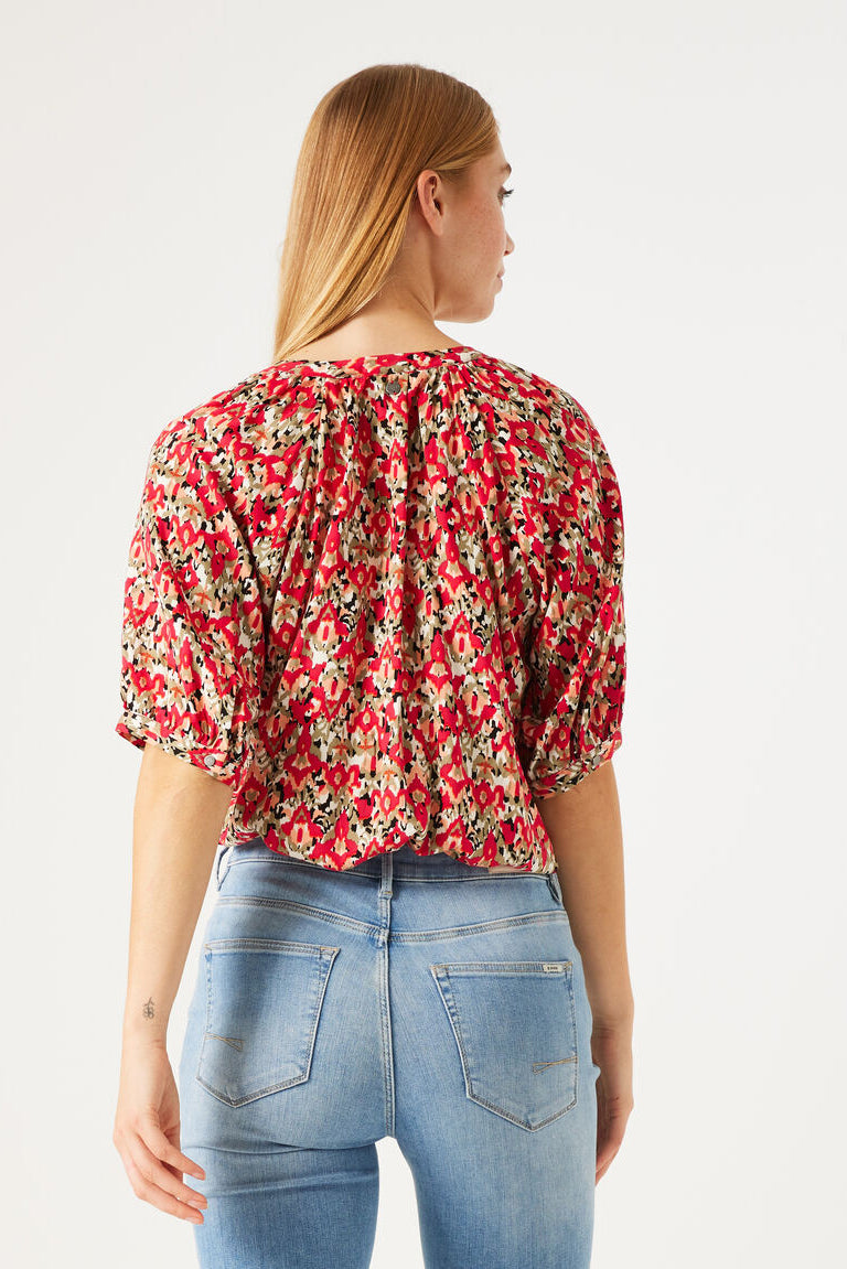 Back view of Garcia (O40037) Women's Short Sleeve Button Up Blouse in a Pink Abstract Floral Print