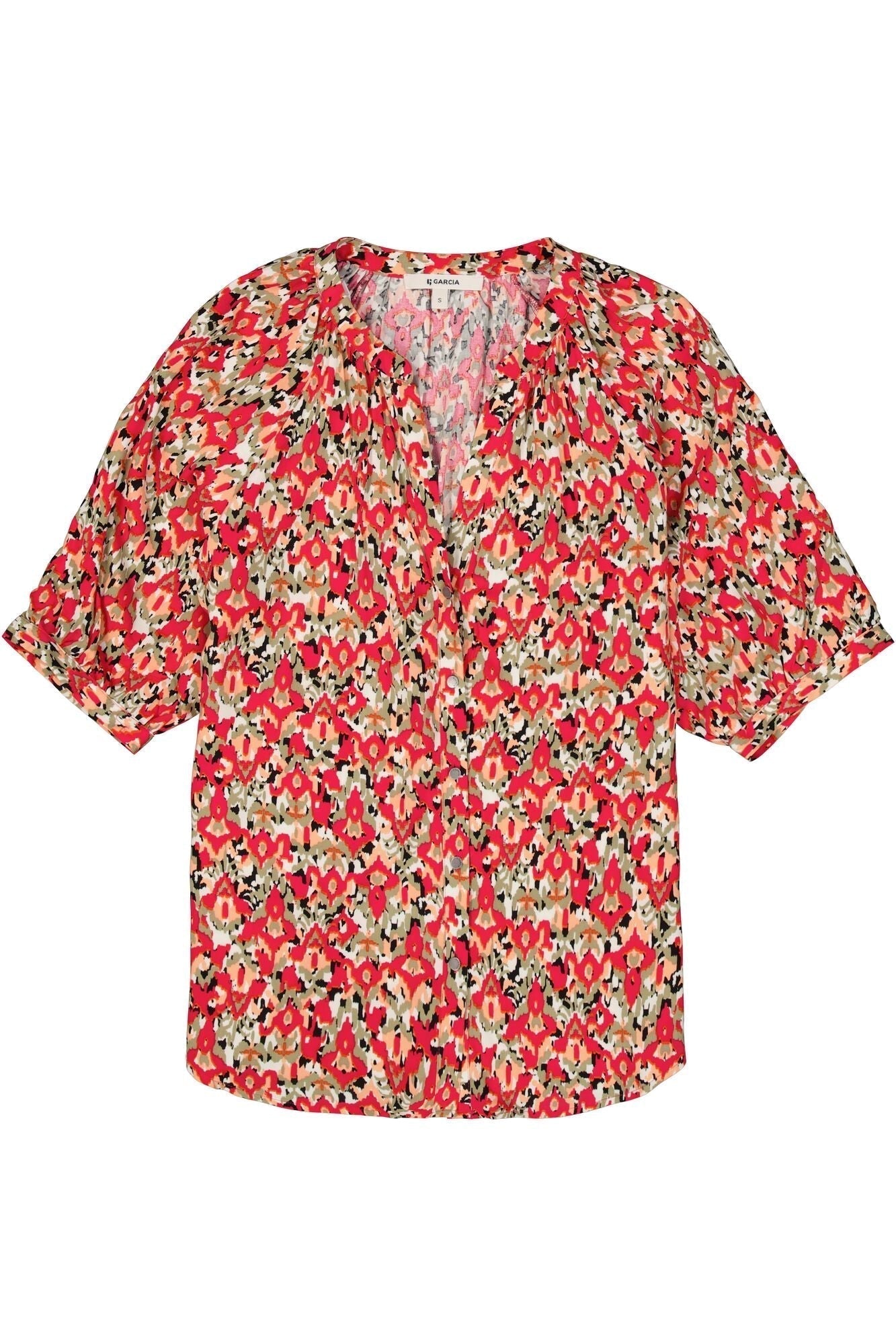 Garcia (O40037) Women's Short Sleeve Button Up Blouse in a Pink Abstract Floral Print