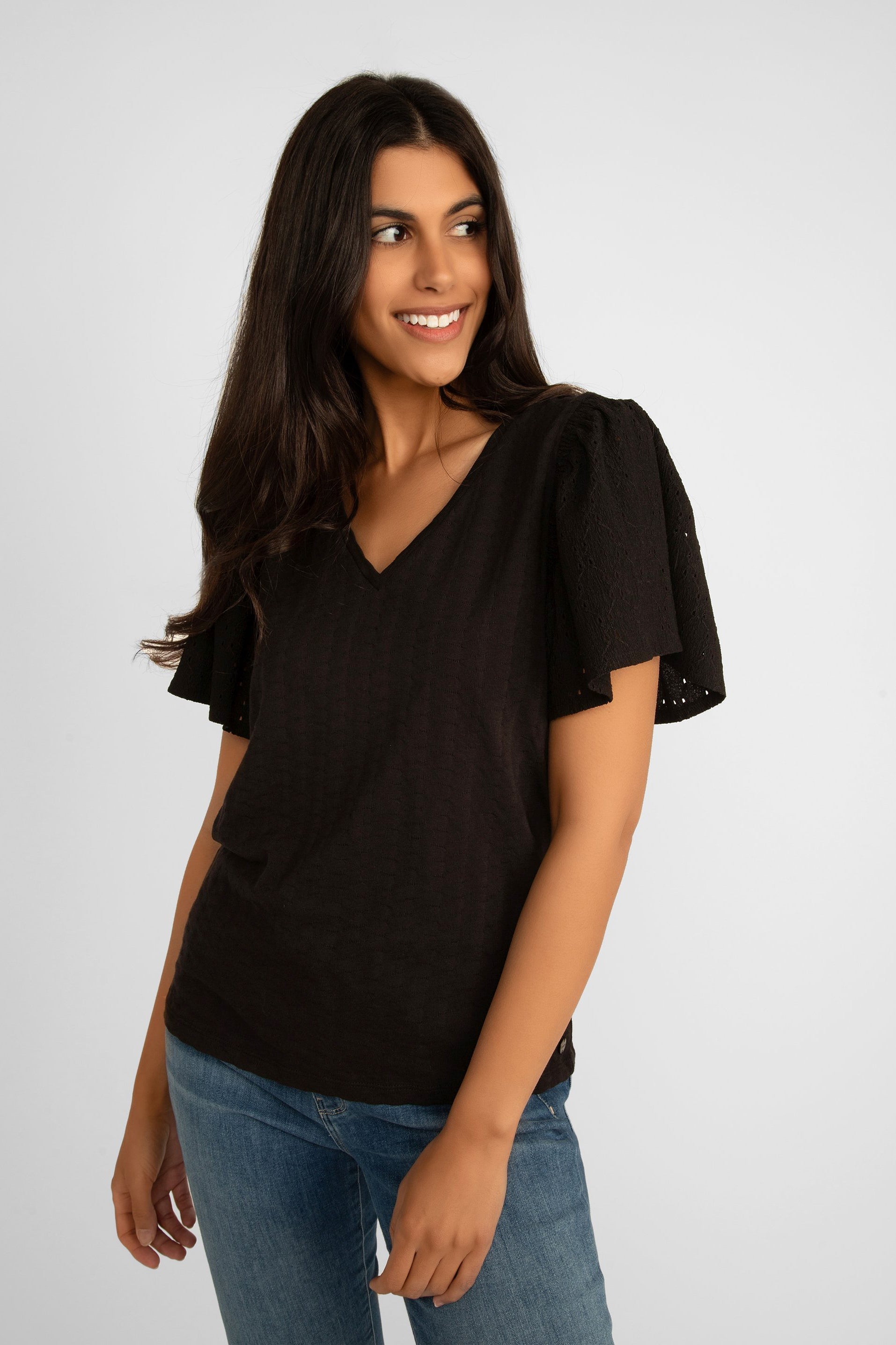 Garcia (P40209) Women's Textured Short Flounce Sleeve Top with V-neck in Black