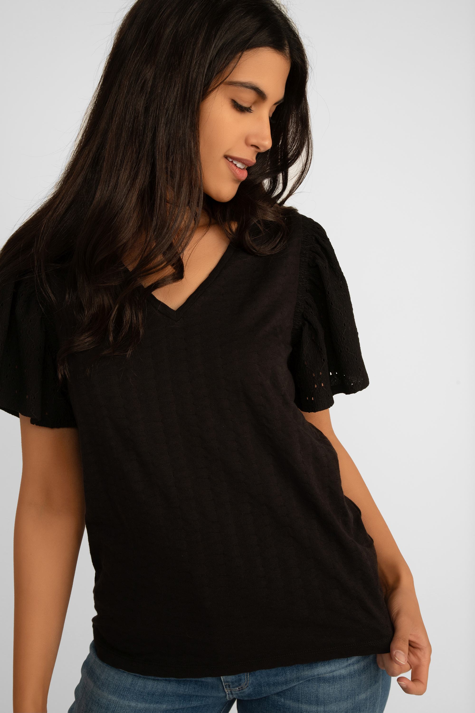 Front view of Garcia (P40209) Women's Textured Short Flounce Sleeve Top with V-neck in Black