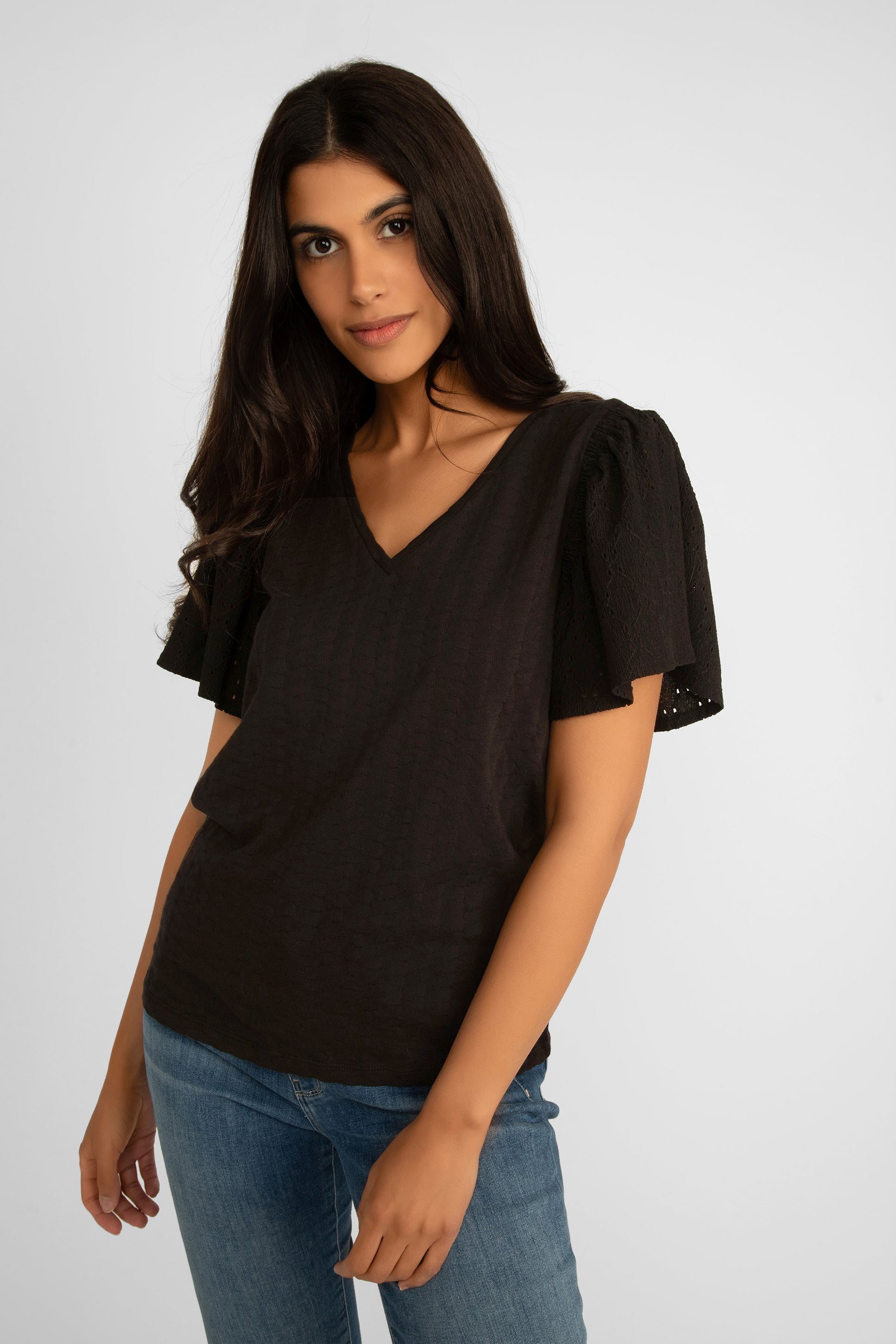 Garcia (P40209) Women's Textured Short Flounce Sleeve Top with V-neck in Black