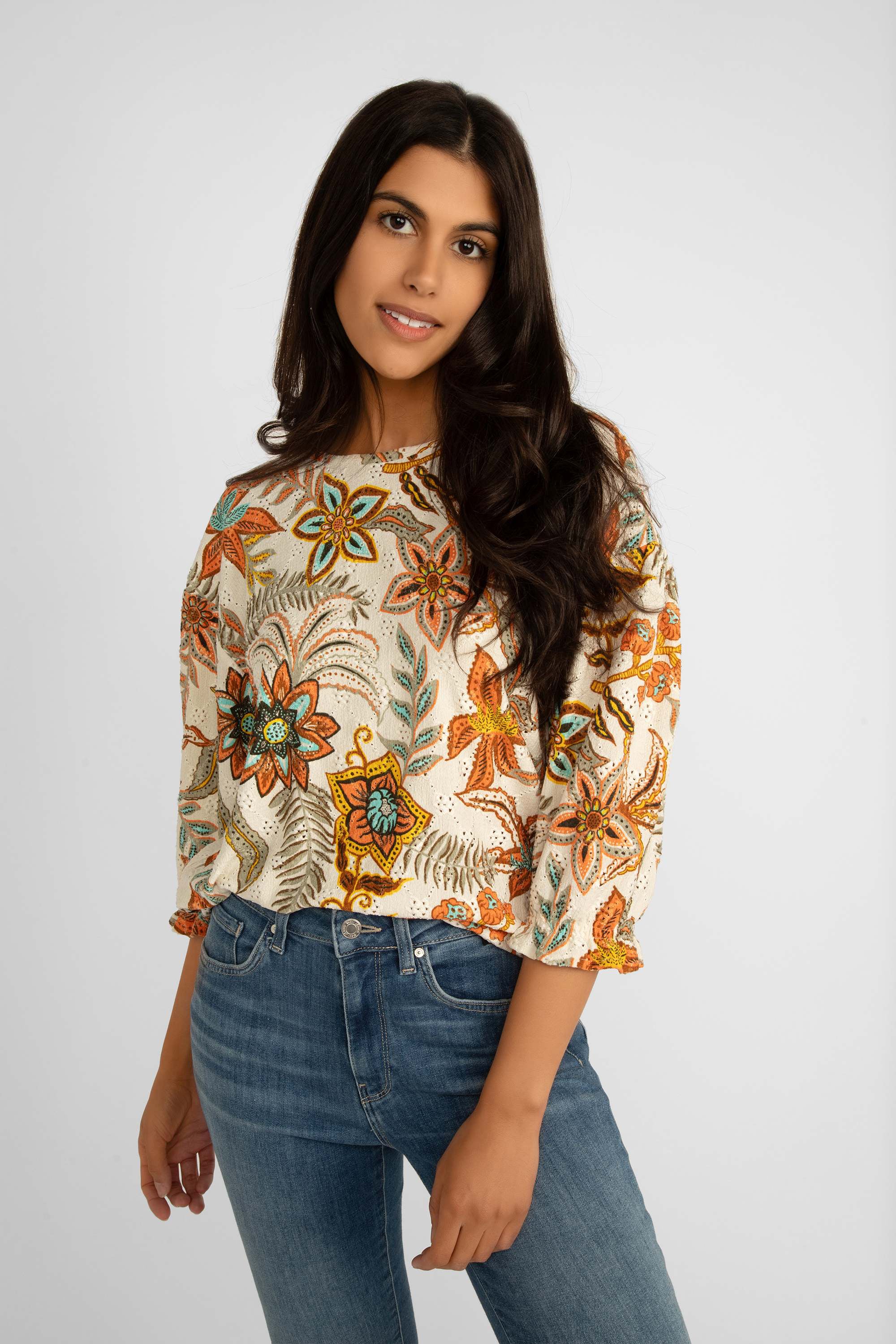 Front view of Garcia (Q40007) Women's Elbow Puff Sleeve Top with Back Cutoff in Retro Orange Floral Print