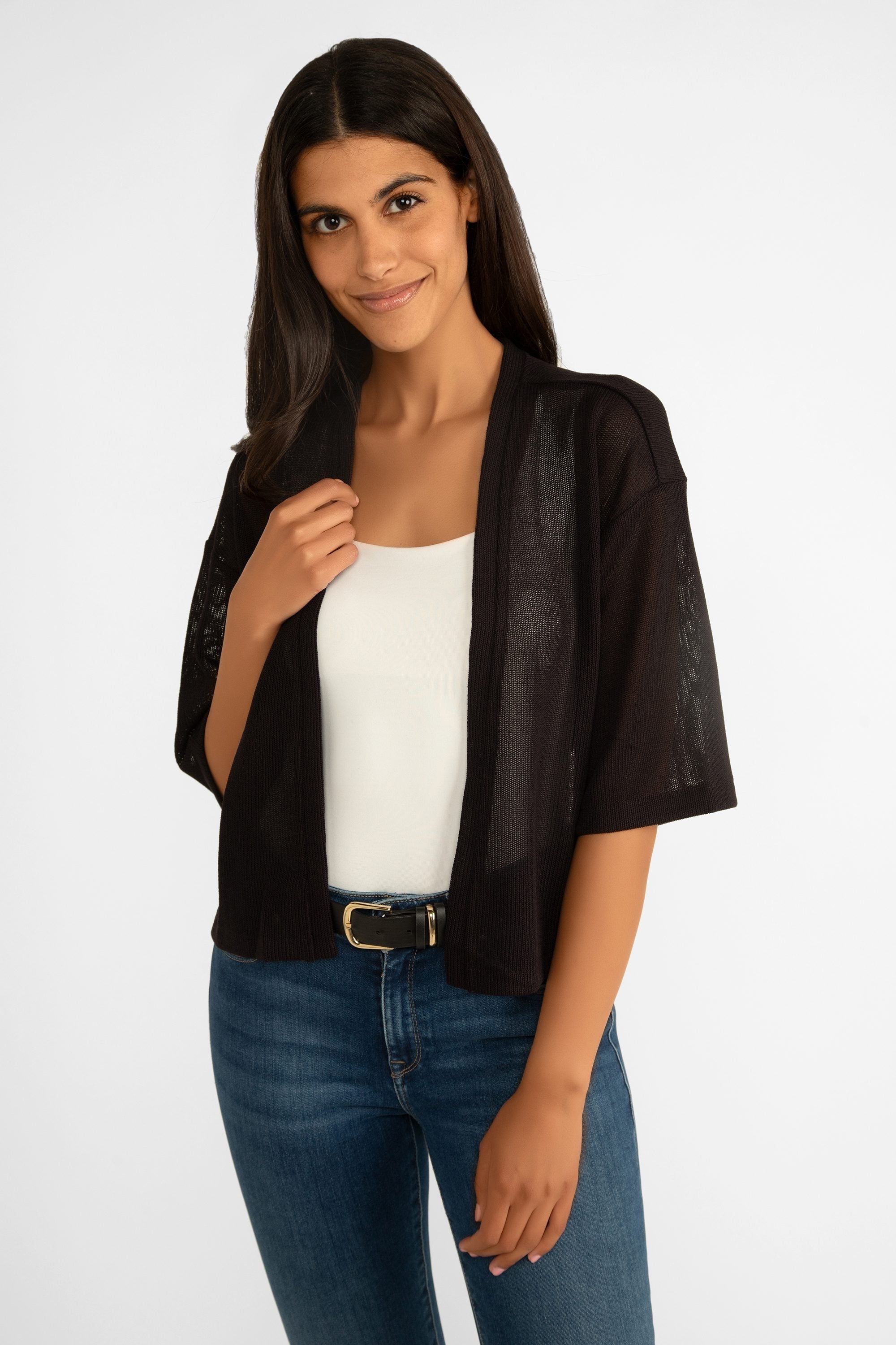 Garcia (Q40040) Women's Elbow Sleeve Open Front Cropped Cardigan in Black