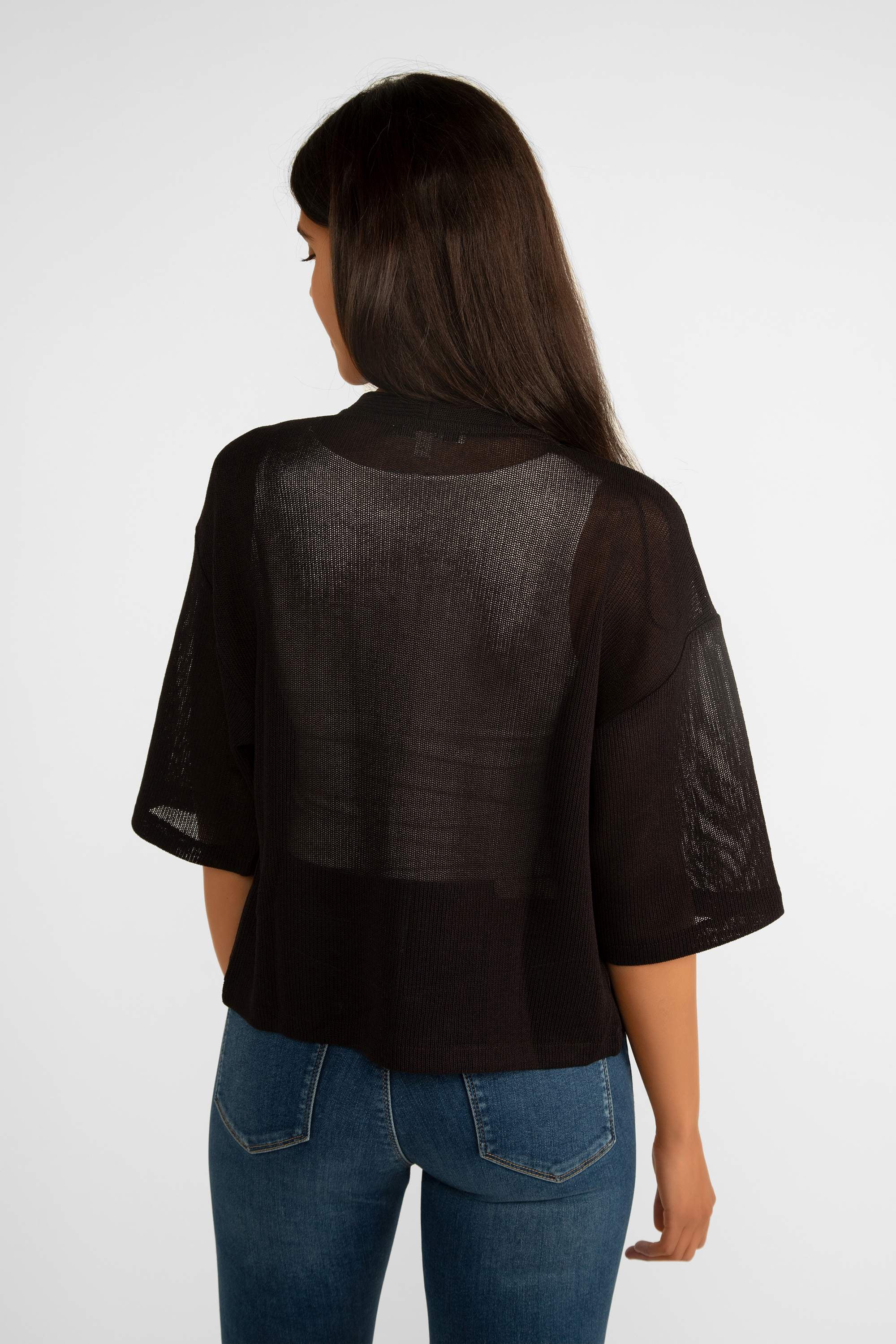 Back view of Garcia (Q40040) Women's Elbow Sleeve Open Front Cropped Cardigan in Black