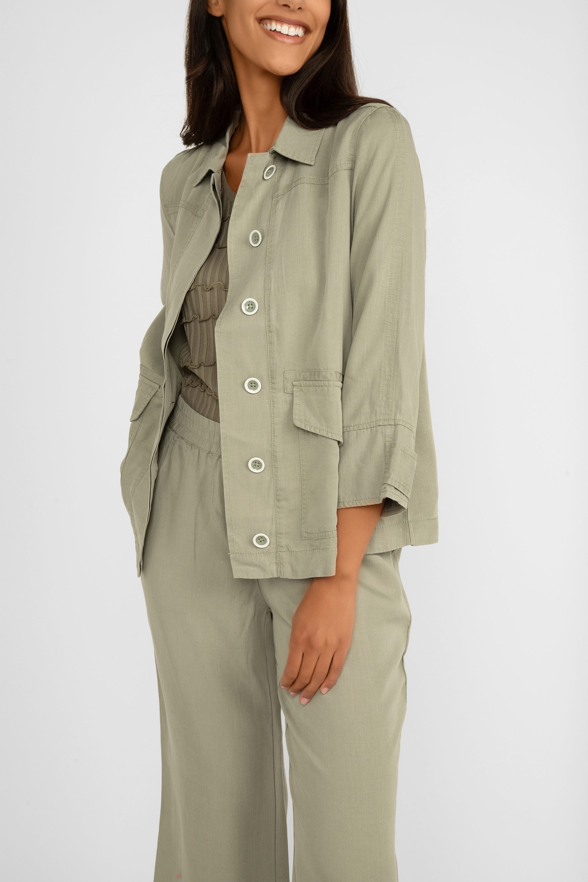 Renuar (R3806-E2142) Women's 3/4 Sleeve Button Front Tencel Jacket with Shirt Collar in Aloe Green