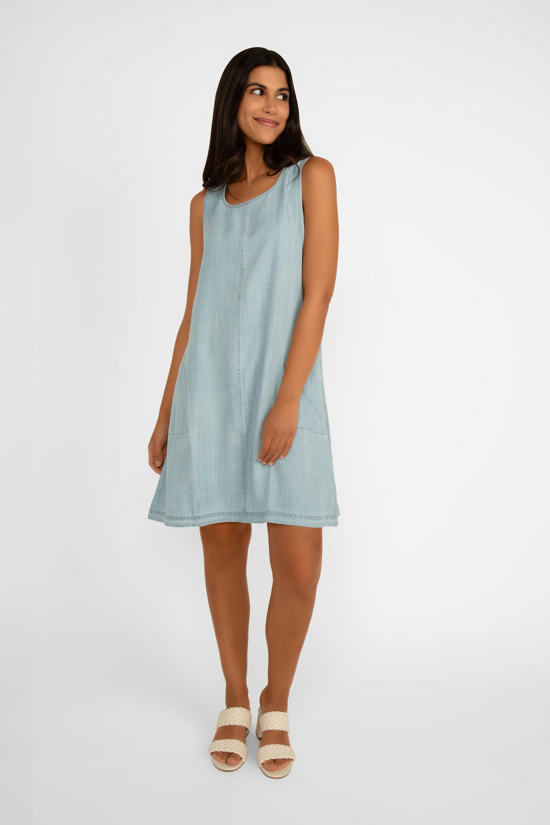 Renuar Clothing (R4285-E2143) Women's Sleevless A-Line Dress with Pockets in Chambray Blue