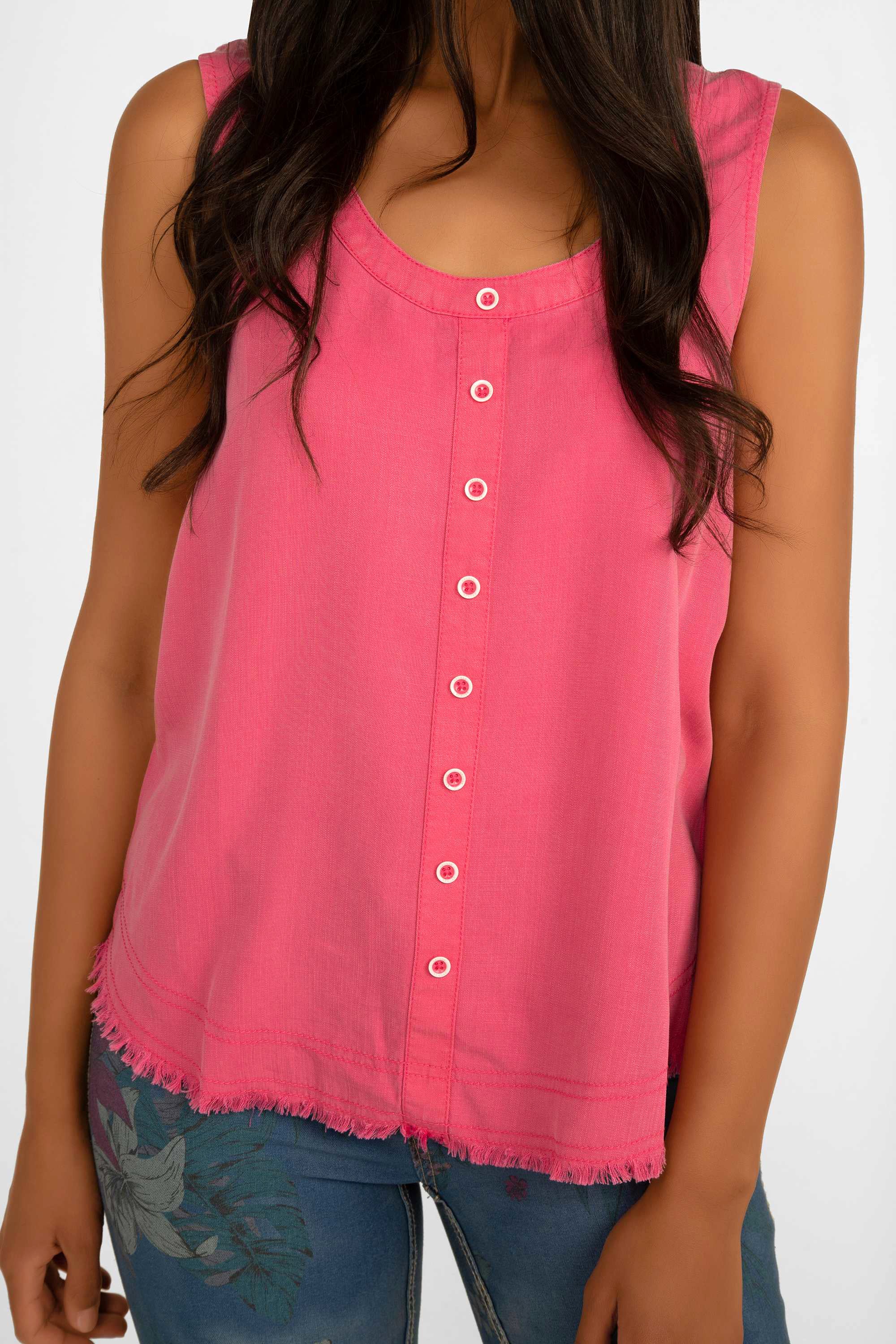 Front view of Renuar Clothing (R5015-E2142) Women's Sleeveless Tencel Tank Top with Button Front & Frayed Hem in Magnolia Pink