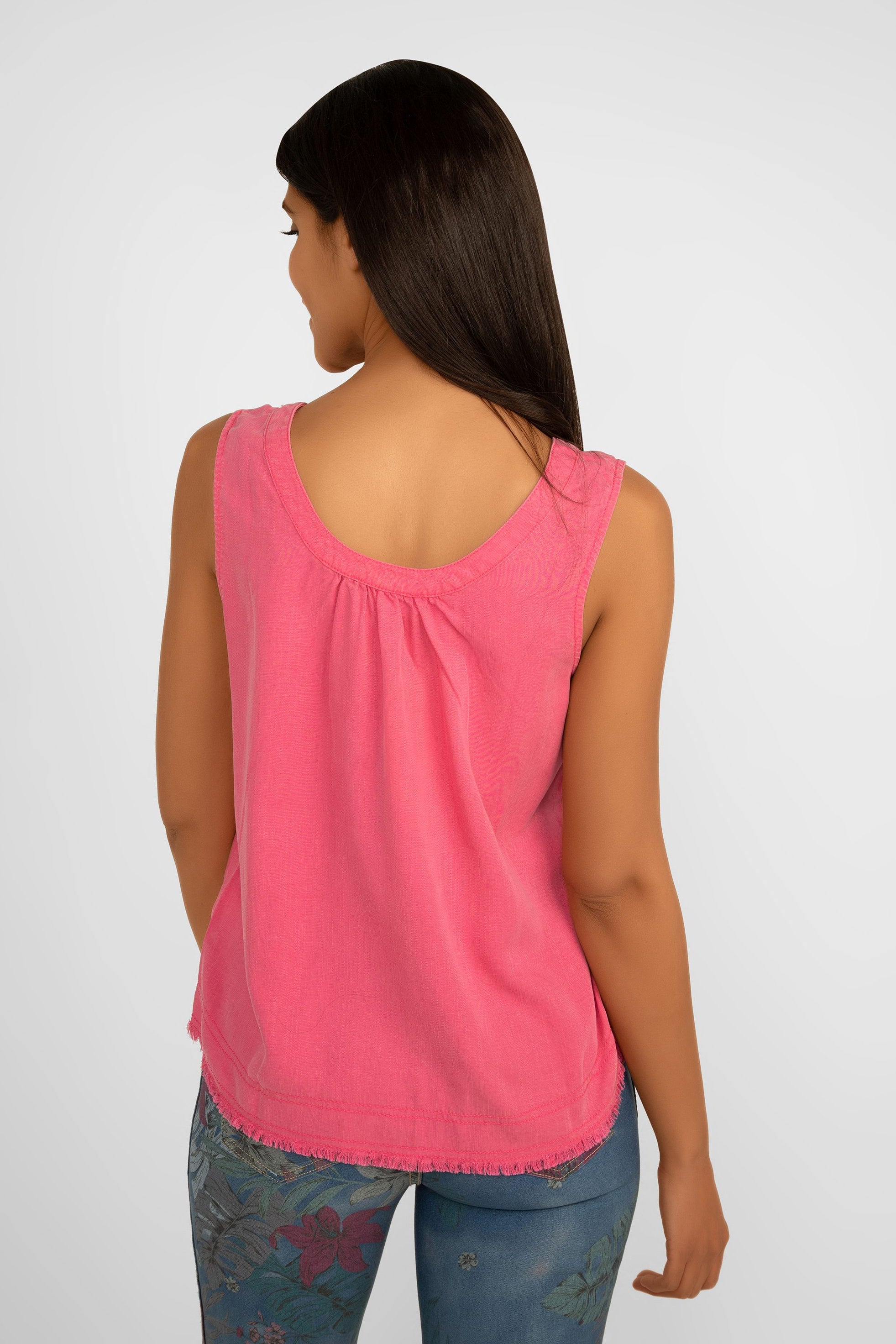 Back view of Renuar Clothing (R5015-E2142) Women's Sleeveless Tencel Tank Top with Button Front & Frayed Hem in Magnolia Pink