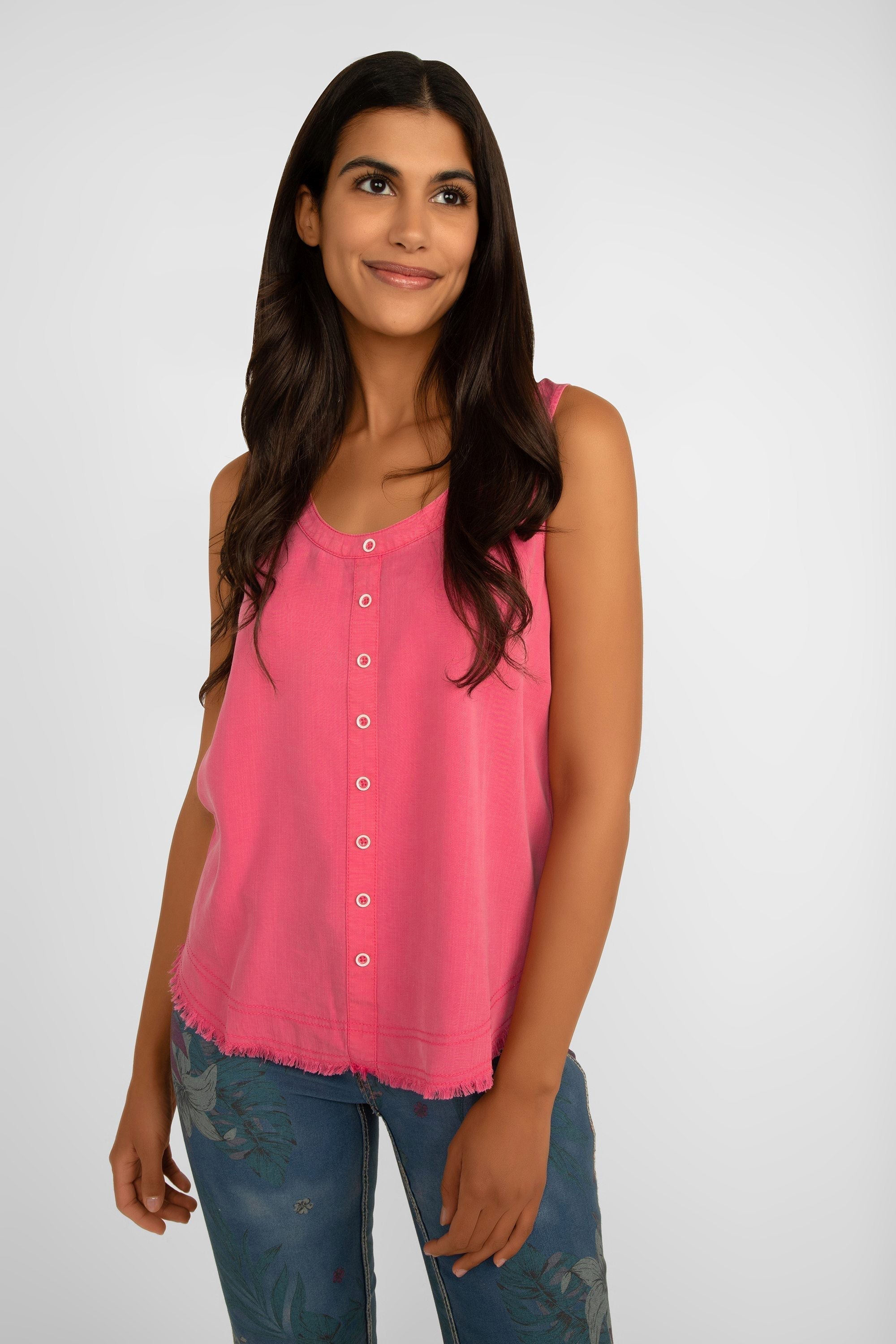 Renuar Clothing (R5015-E2142) Women's Sleeveless Tencel Tank Top with Button Front & Frayed Hem in Magnolia Pink
