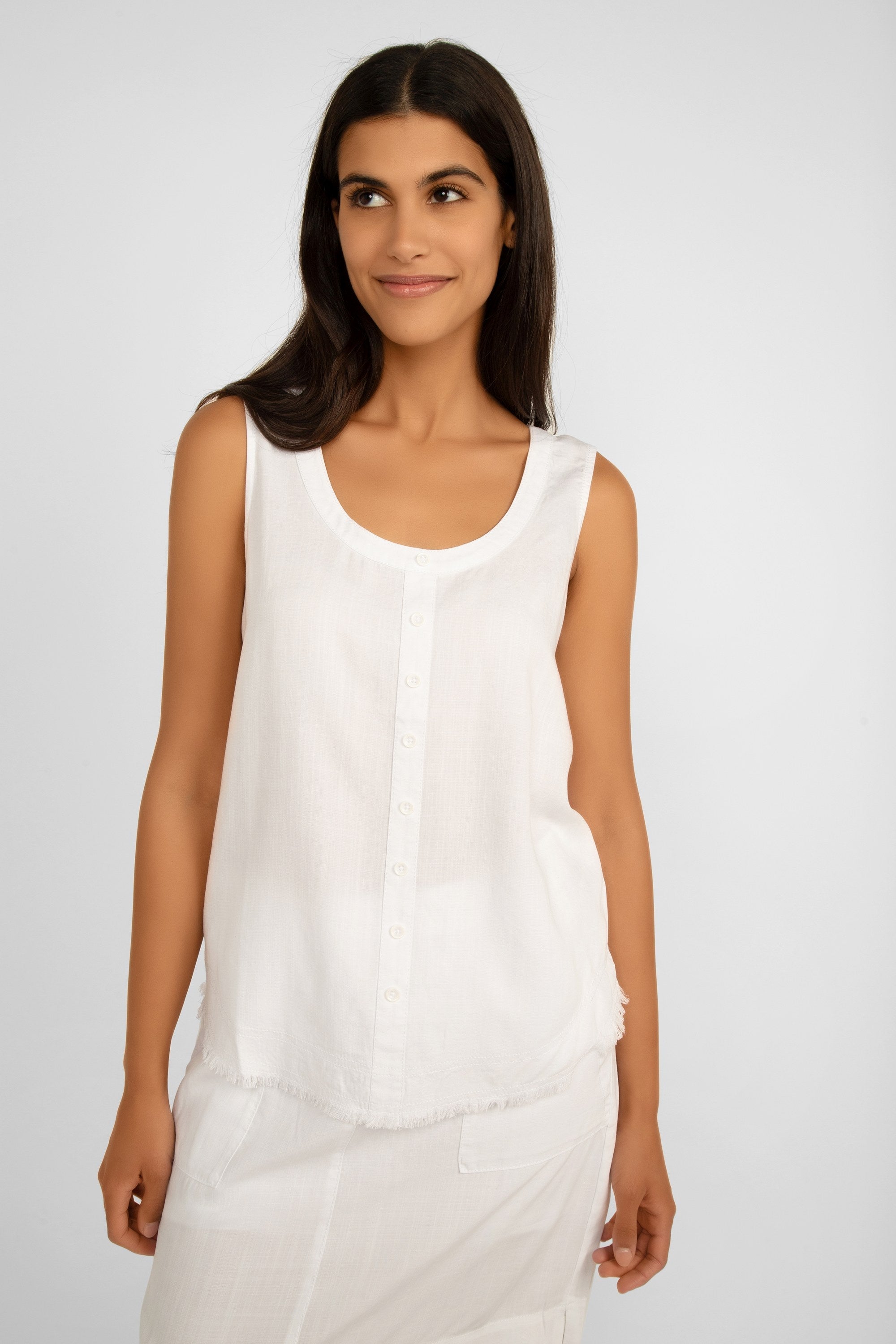 Renuar Clothing (R5015-E2142) Women's Sleeveless Tencel Tank Top with Button Front & Frayed Hem in White