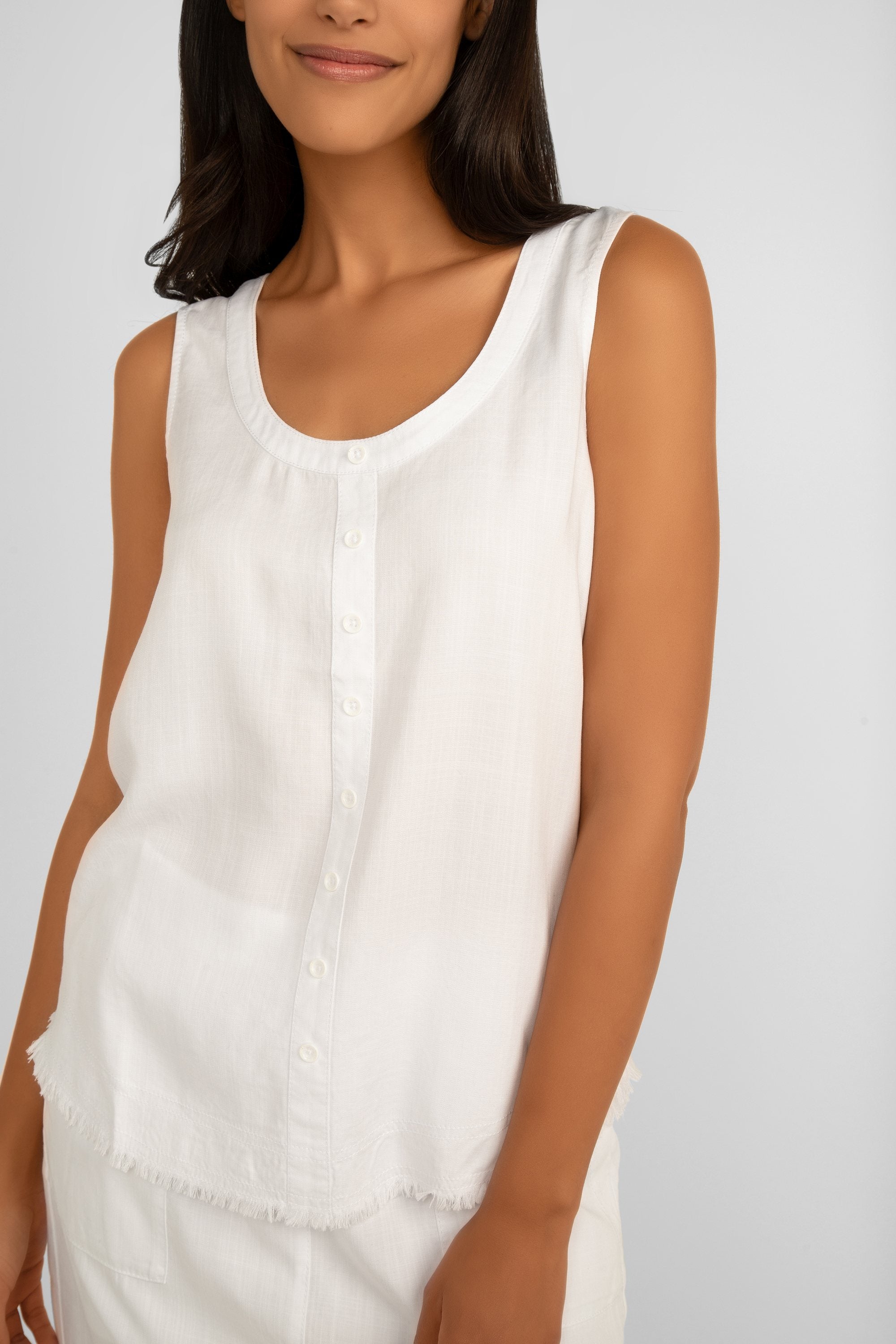 Front view of Renuar Clothing (R5015-E2142) Women's Sleeveless Tencel Tank Top with Button Front & Frayed Hem in White