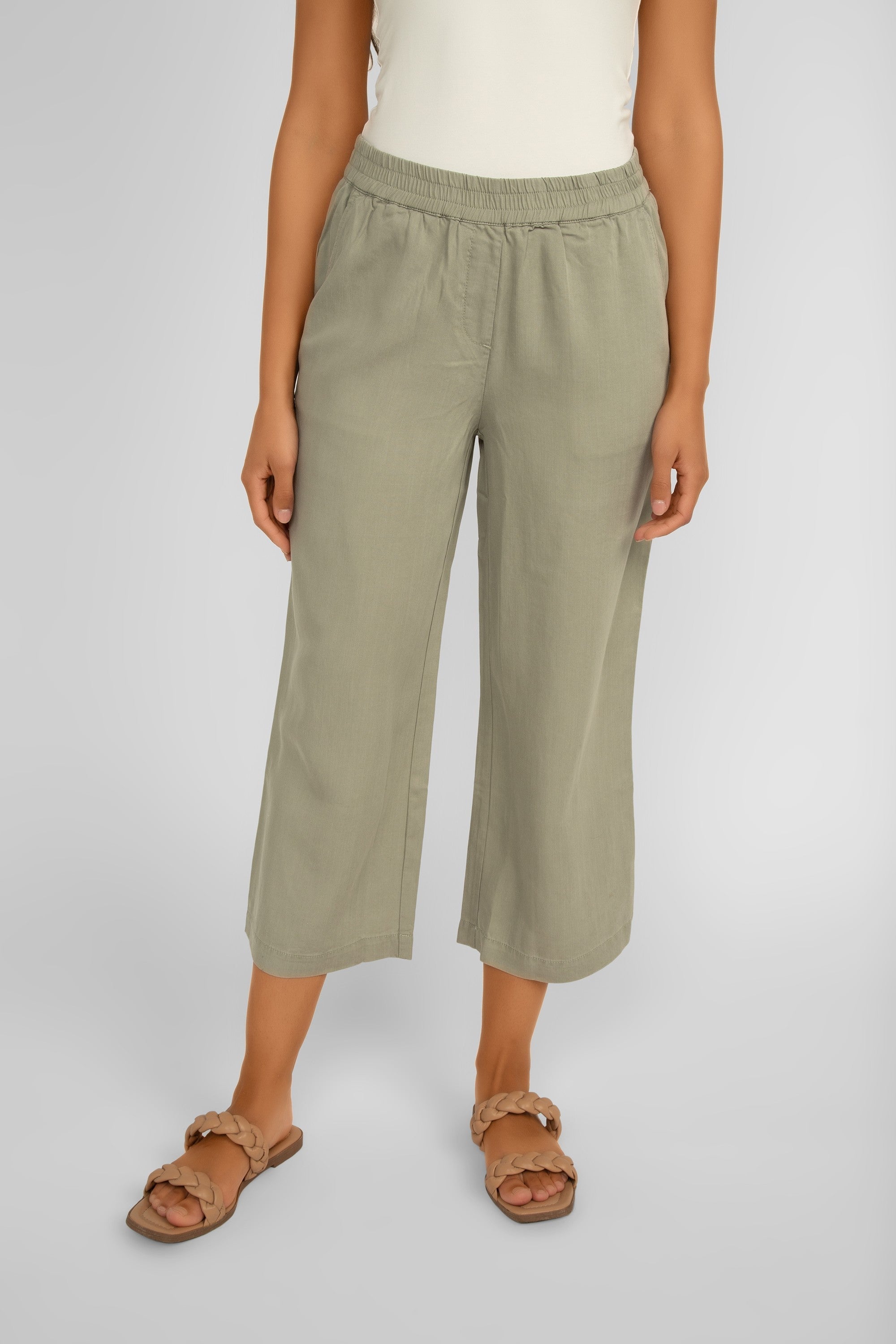 Renuar Clothing (R8089-E2142) Women's Cropped Wide Leg Pull-On Tencel Pants in Aloe Green