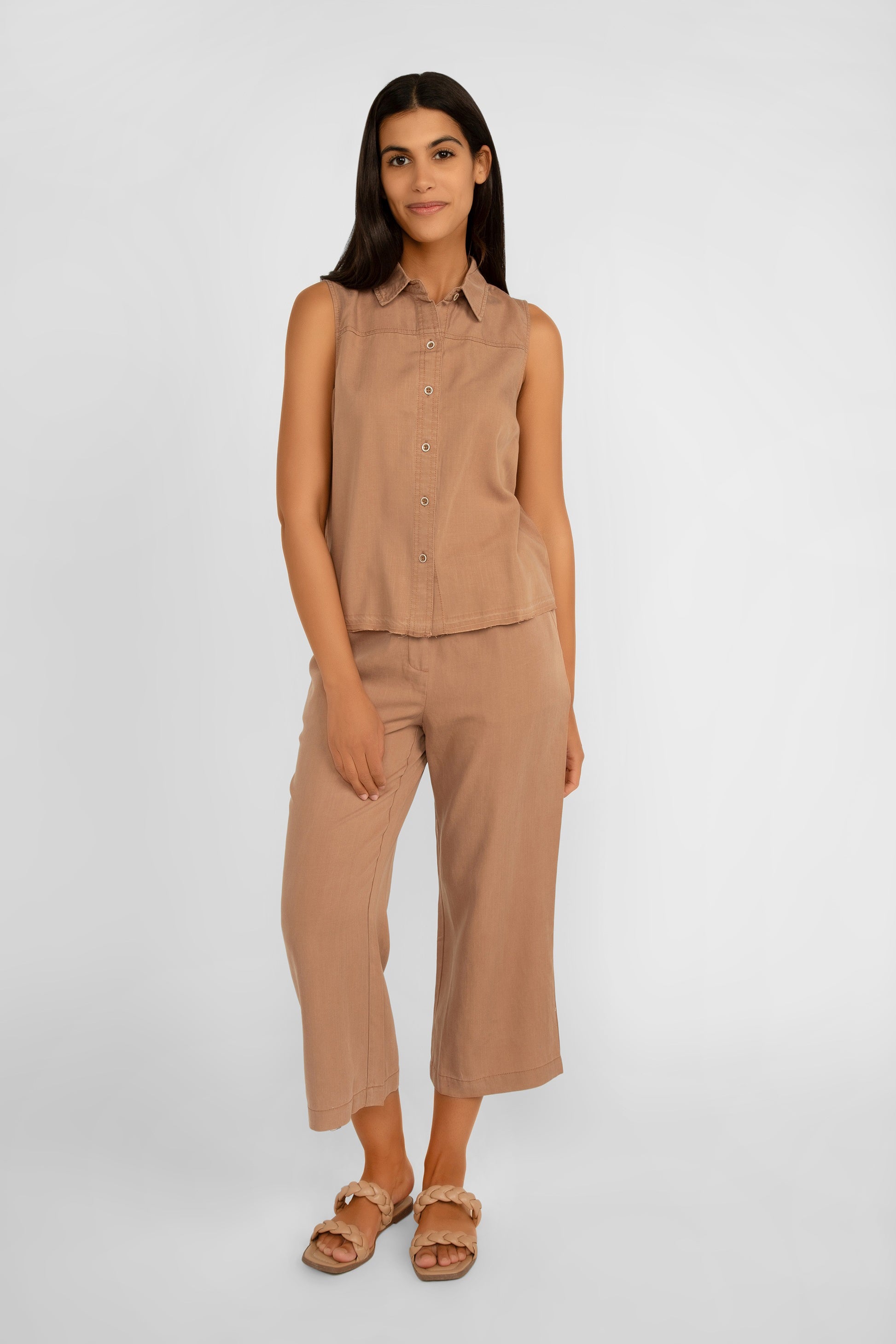 Renuar Clothing (R8089-E2142) Women's Cropped Wide Leg Pull-On Tencel Pants in Walnut Brown