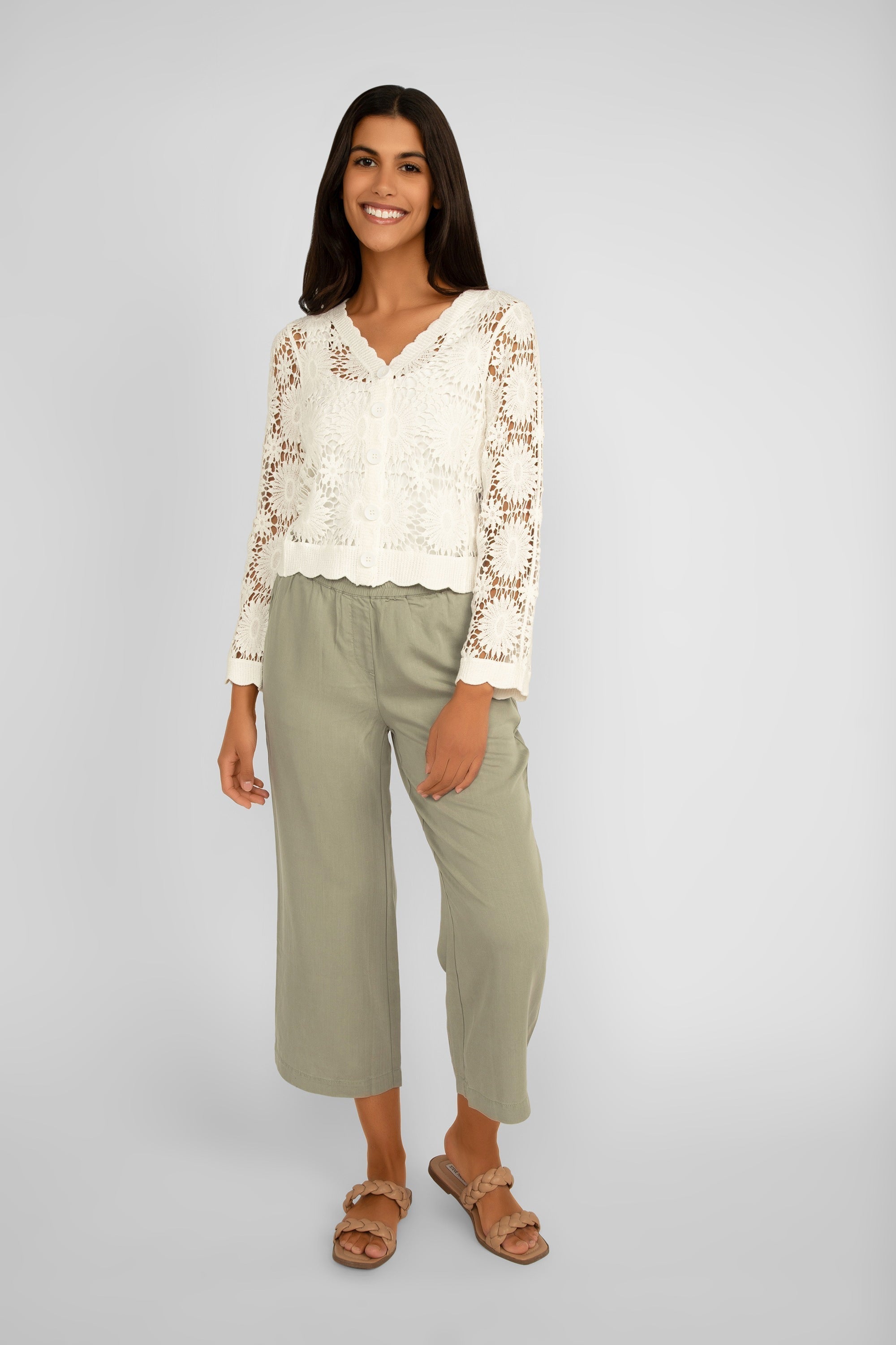 Renuar Clothing (R8089-E2142) Women's Cropped Wide Leg Pull-On Tencel Pants in Aloe Green