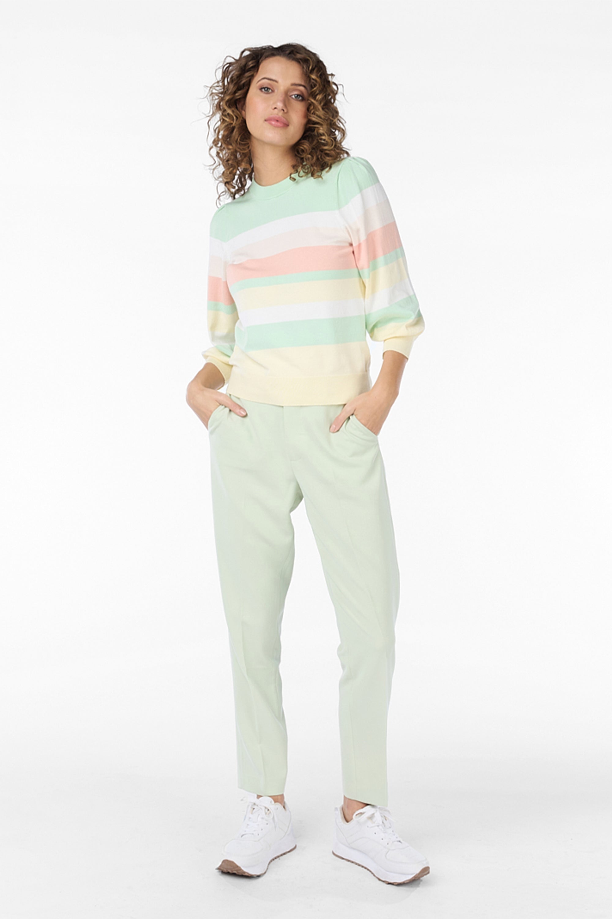 Front full body view of Esqualo (SP2407024) Women's 3/4 Sleeve Pastel Striped Sweater in pastel green, yellow & pink